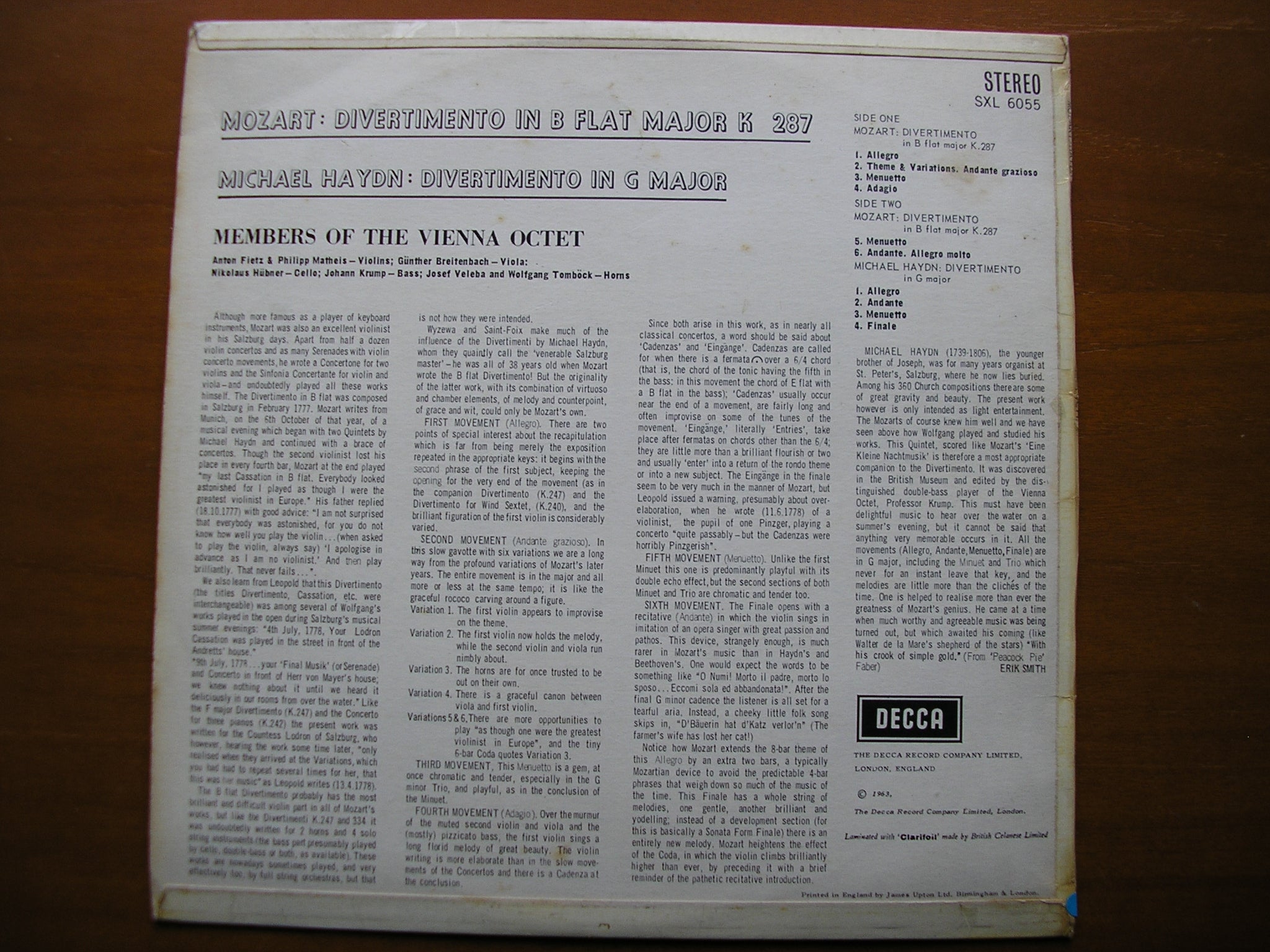 SXL 6055  MOZART: DIVERTIMENTO in B / MICHAEL HAYDN: DIVERTIMENTO in G     MEMBERS OF VIENNA OCTET     ED1