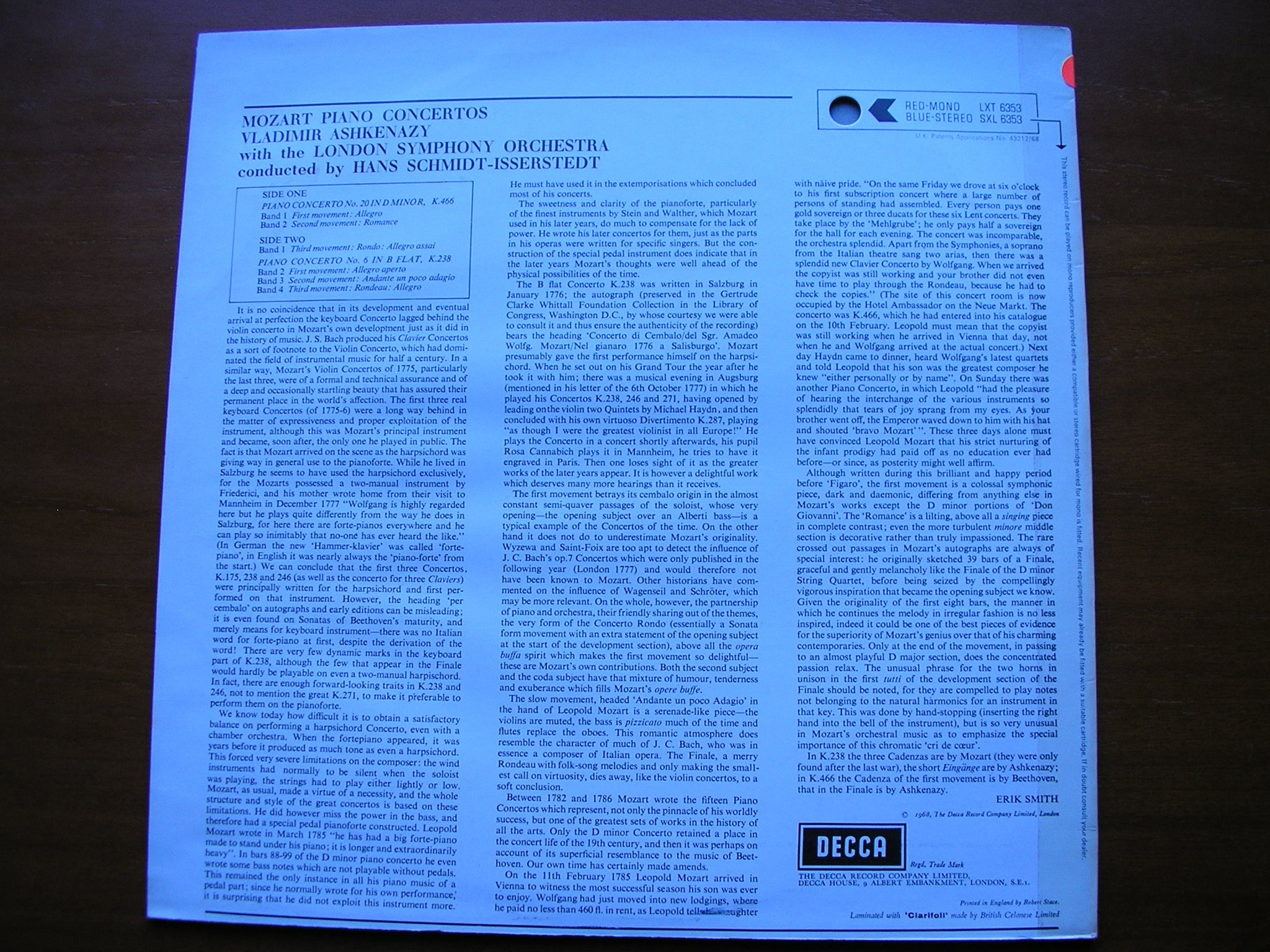 SXL 6353 MOZART: PIANO CONCERTOS No. 6 K238 & No. 20 K466 ASHKENAZY / LONDON SYMPHONY / SCHMIDT-ISSERSTEDT test pressing