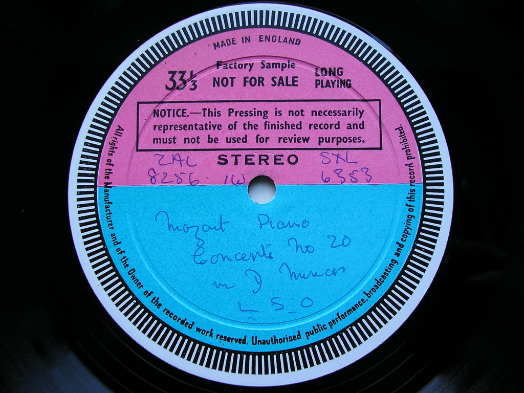 SXL 6353 MOZART: PIANO CONCERTOS No. 6 K238 & No. 20 K466 ASHKENAZY / LONDON SYMPHONY / SCHMIDT-ISSERSTEDT test pressing