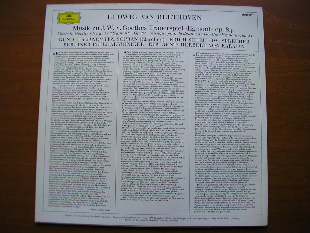 BEETHOVEN: EGMONT  Incidental Music      JANOWITZ / SCHELLOW / BERLIN PHILHARMONIC / KARAJAN     2530 301