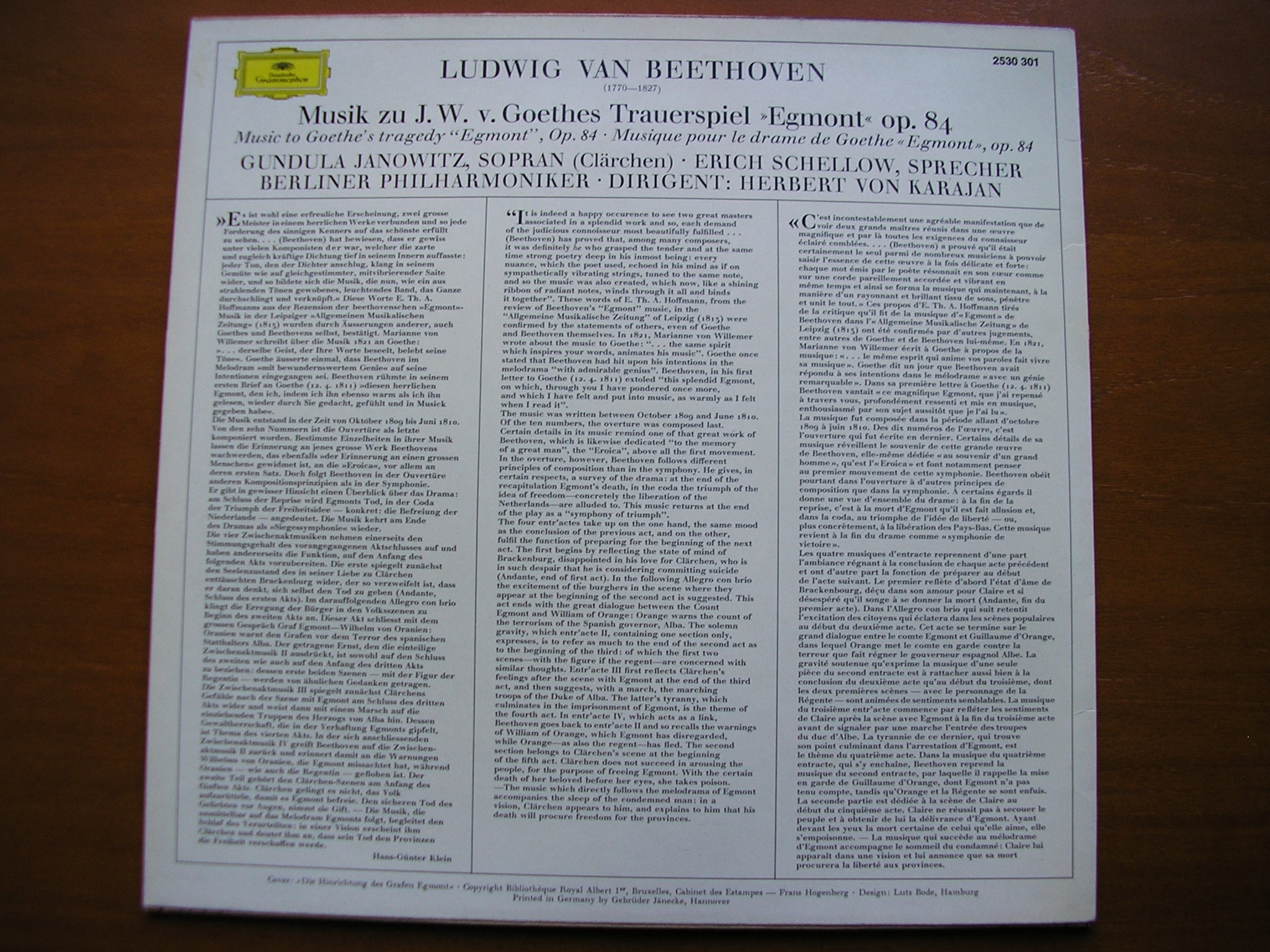 BEETHOVEN: EGMONT  Incidental Music      JANOWITZ / SCHELLOW / BERLIN PHILHARMONIC / KARAJAN     2530 301
