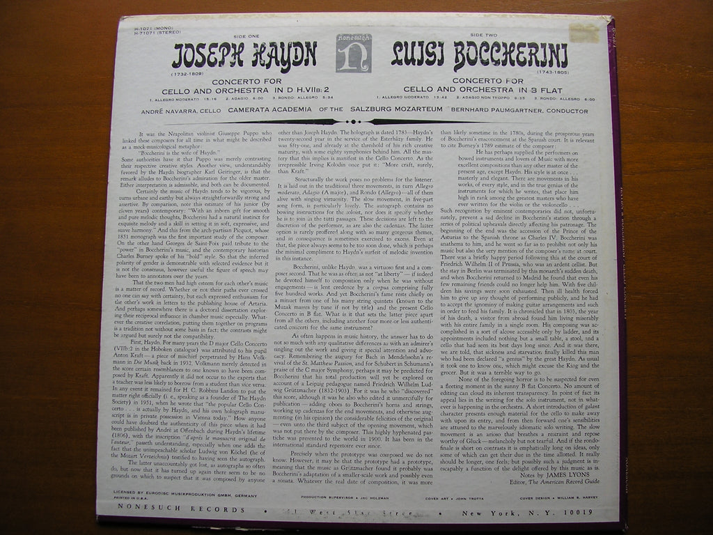 HAYDN: CELLO CONCERTO / BOCCHERINI: CELLO CONCERTO     NAVARRA / CAMERATA ACADEMICA / PAUMGARTNER    H-71071
