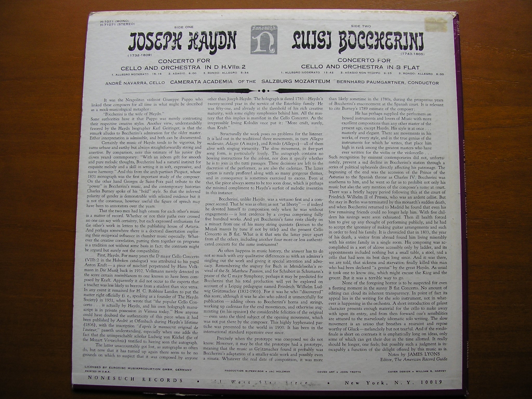 HAYDN: CELLO CONCERTO / BOCCHERINI: CELLO CONCERTO     NAVARRA / CAMERATA ACADEMICA / PAUMGARTNER    H-71071