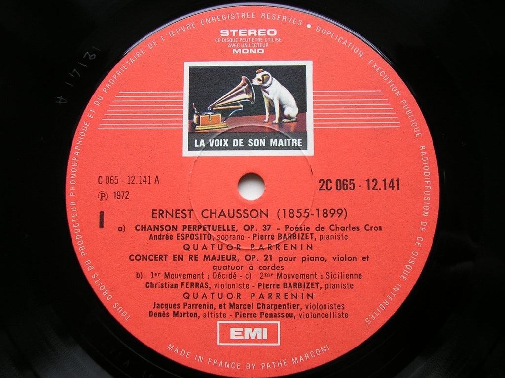 CHAUSSON: CONCERTO FOR PIANO / VIOLIN & STRING QUARTET Op. 21 / CHANSON PERPETUELLE Op. 37    ESPOSITO / FERRAS / BARBIZET / PARRENIN QUARTET     065 12141