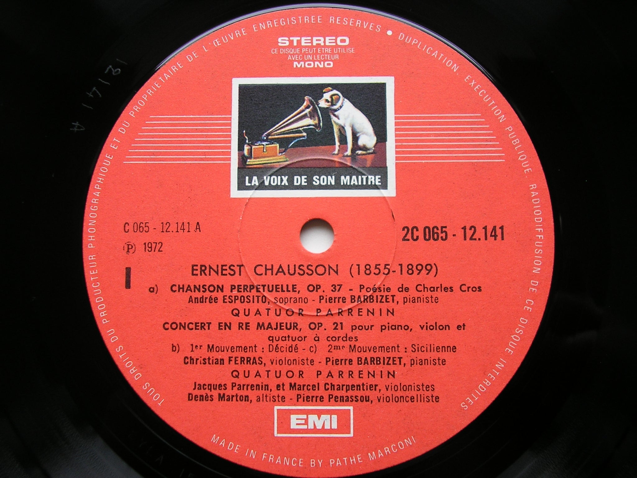 CHAUSSON: CONCERTO FOR PIANO / VIOLIN & STRING QUARTET Op. 21 / CHANSON PERPETUELLE Op. 37    ESPOSITO / FERRAS / BARBIZET / PARRENIN QUARTET     065 12141