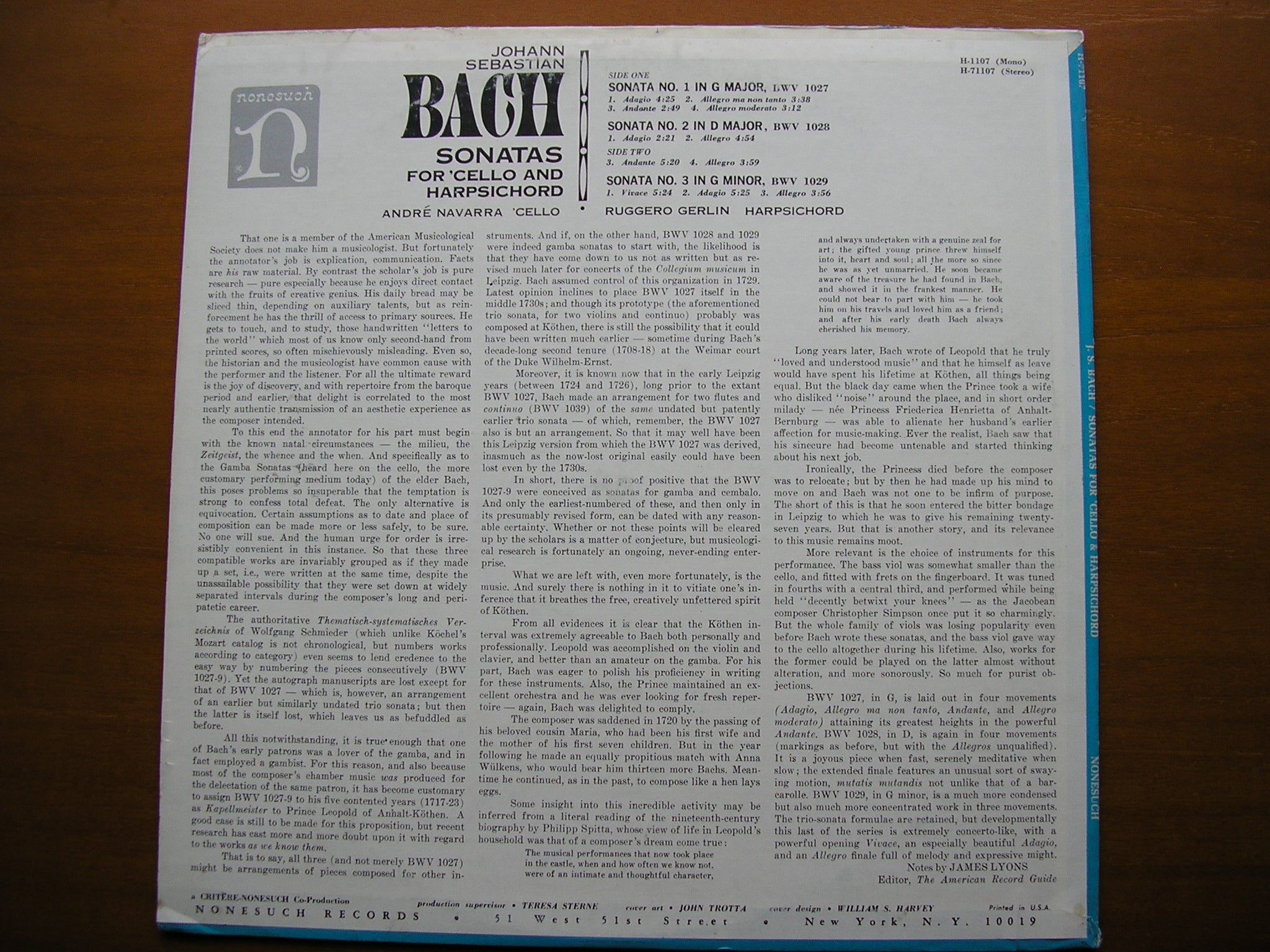 BACH: SONATAS FOR CELLO & HARPSICHORD   BWV 1027/29      NAVARRA / GERLIN     H-71107