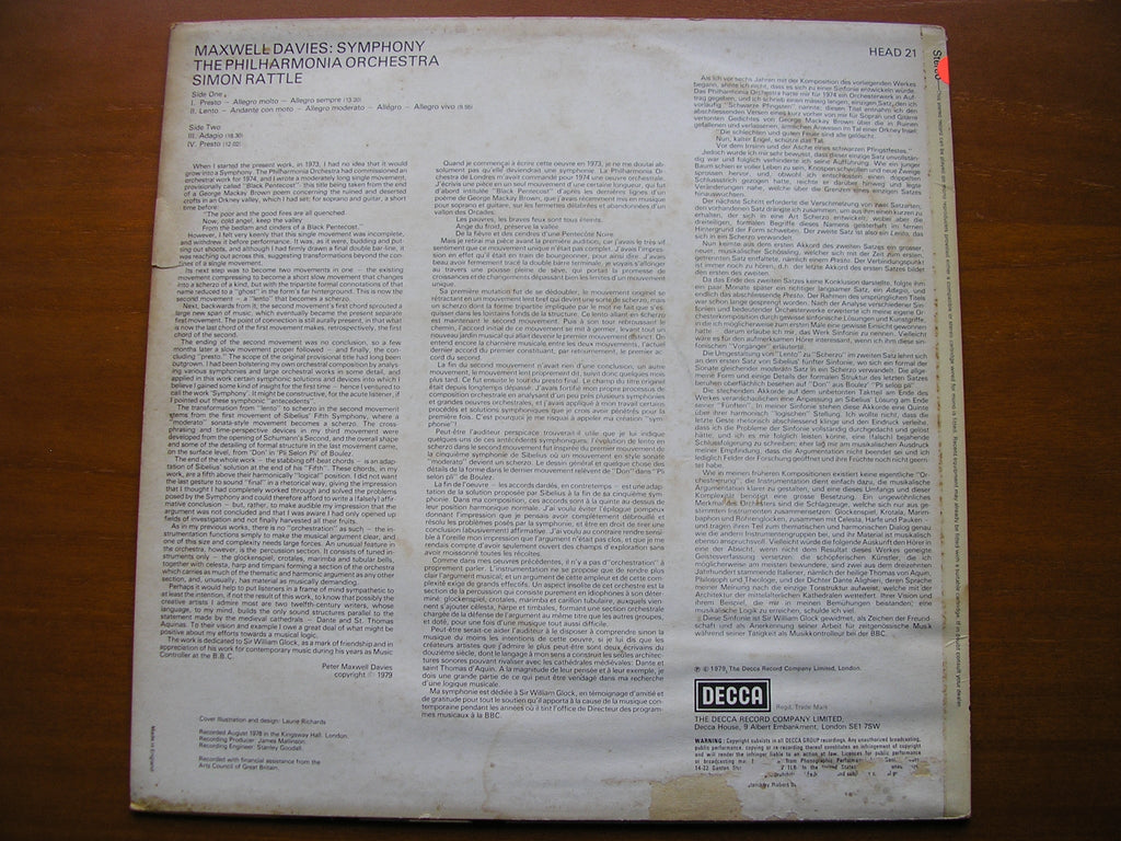 MAXWELL DAVIES: SYMPHONY       RATTLE / PHILHARMONIA    test pressing     HEAD 21
