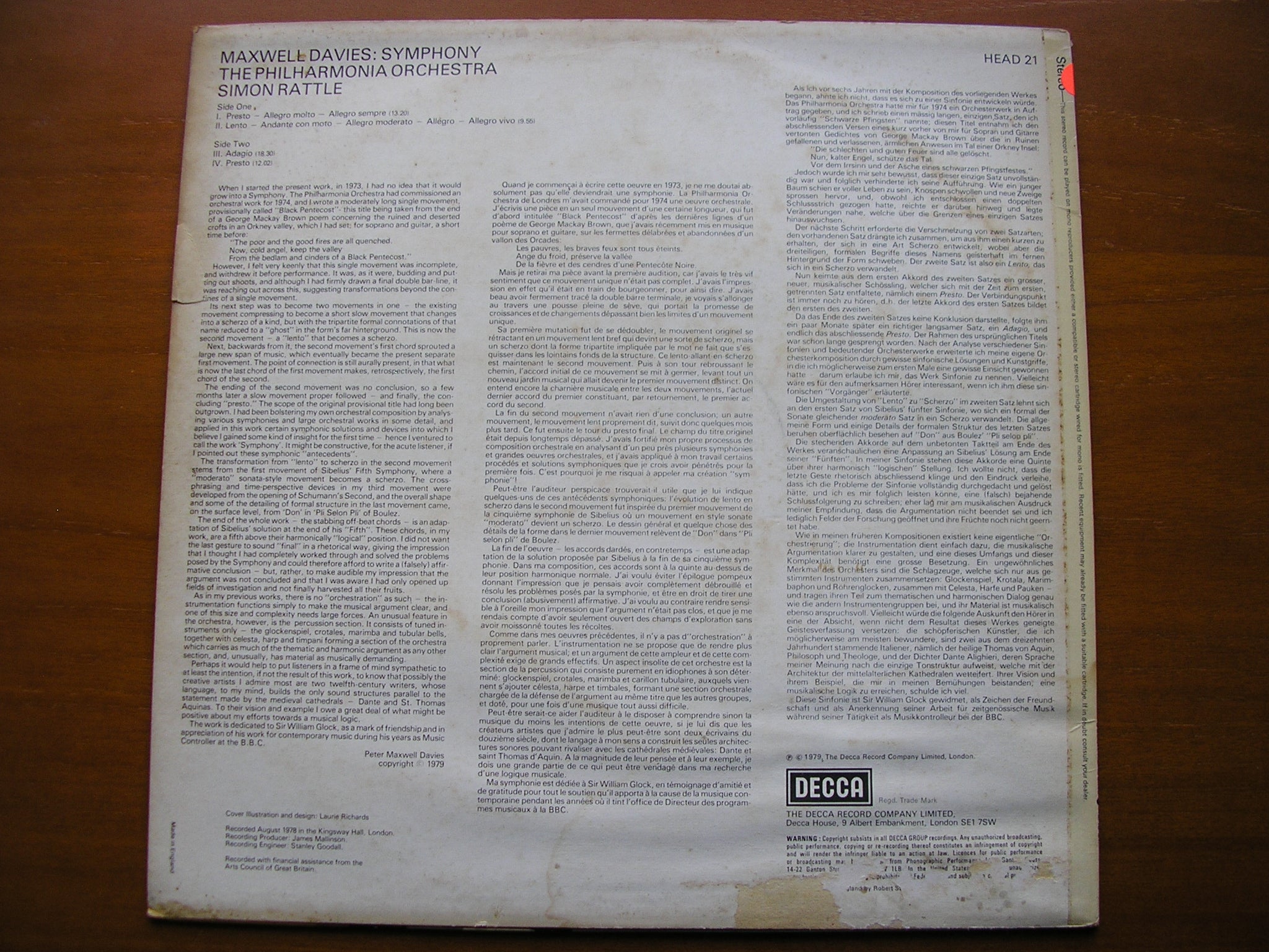 MAXWELL DAVIES: SYMPHONY       RATTLE / PHILHARMONIA    test pressing     HEAD 21