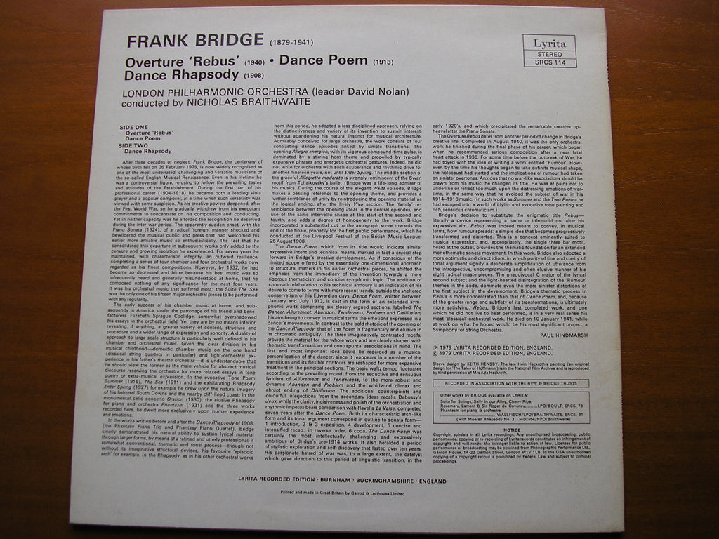 BRIDGE: DANCE RHAPSODY / OVERTURE Rebus / DANCE POEM      BRAITHWAITE / LONDON PHILHARMONIC    SRCS 114