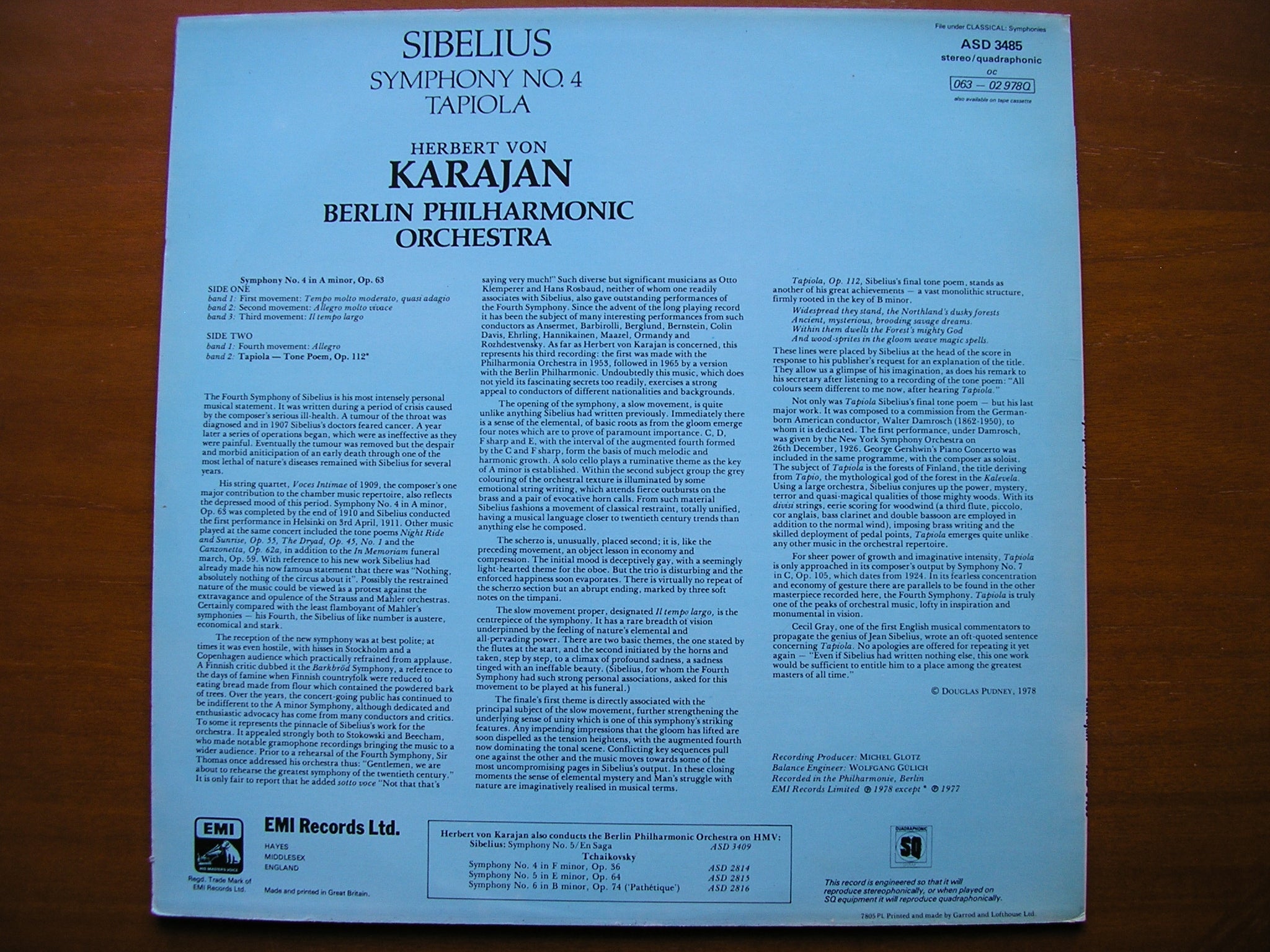 SIBELIUS:  SYMPHONY No. 4 / TAPIOLA      KARAJAN / BERLIN PHILHARMONIC   ASD 3485