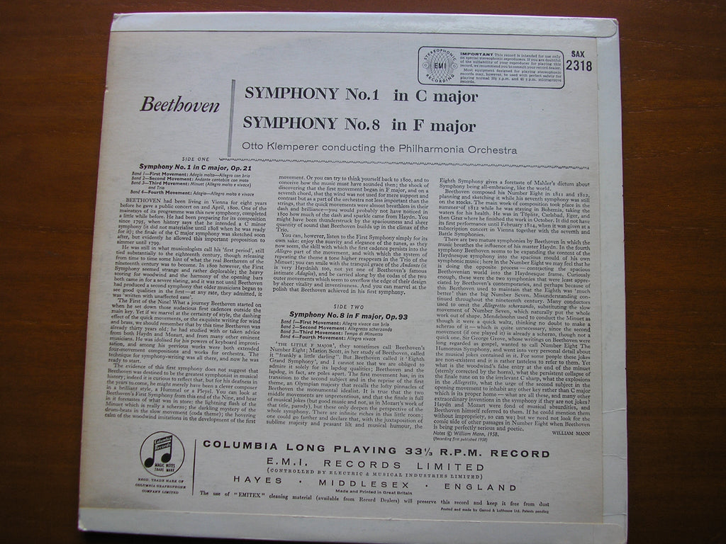 SAX 2318  BEETHOVEN: SYMPHONIES Nos. 1 & 8     KLEMPERER / PHILHARMONIA