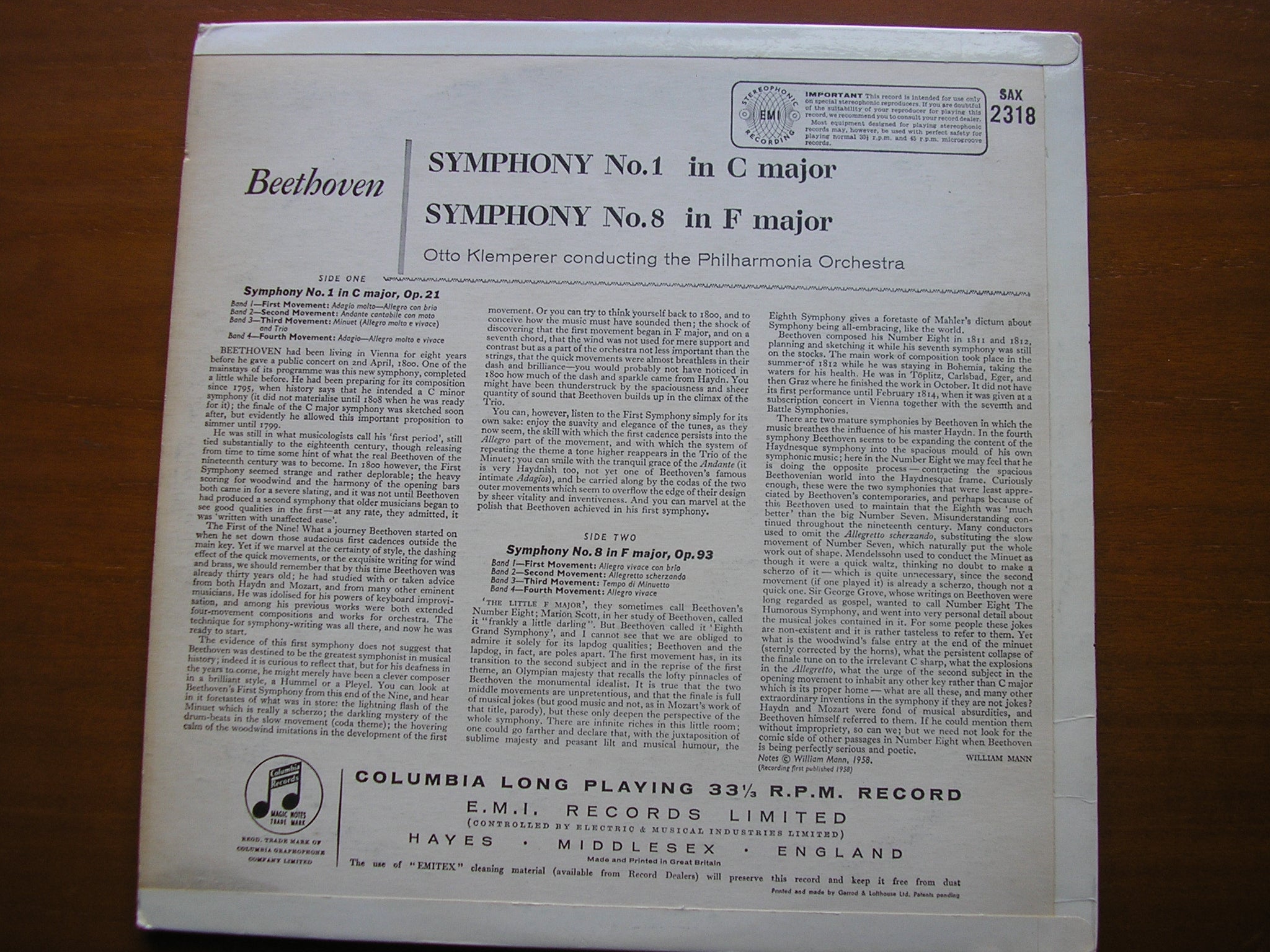 SAX 2318  BEETHOVEN: SYMPHONIES Nos. 1 & 8     KLEMPERER / PHILHARMONIA