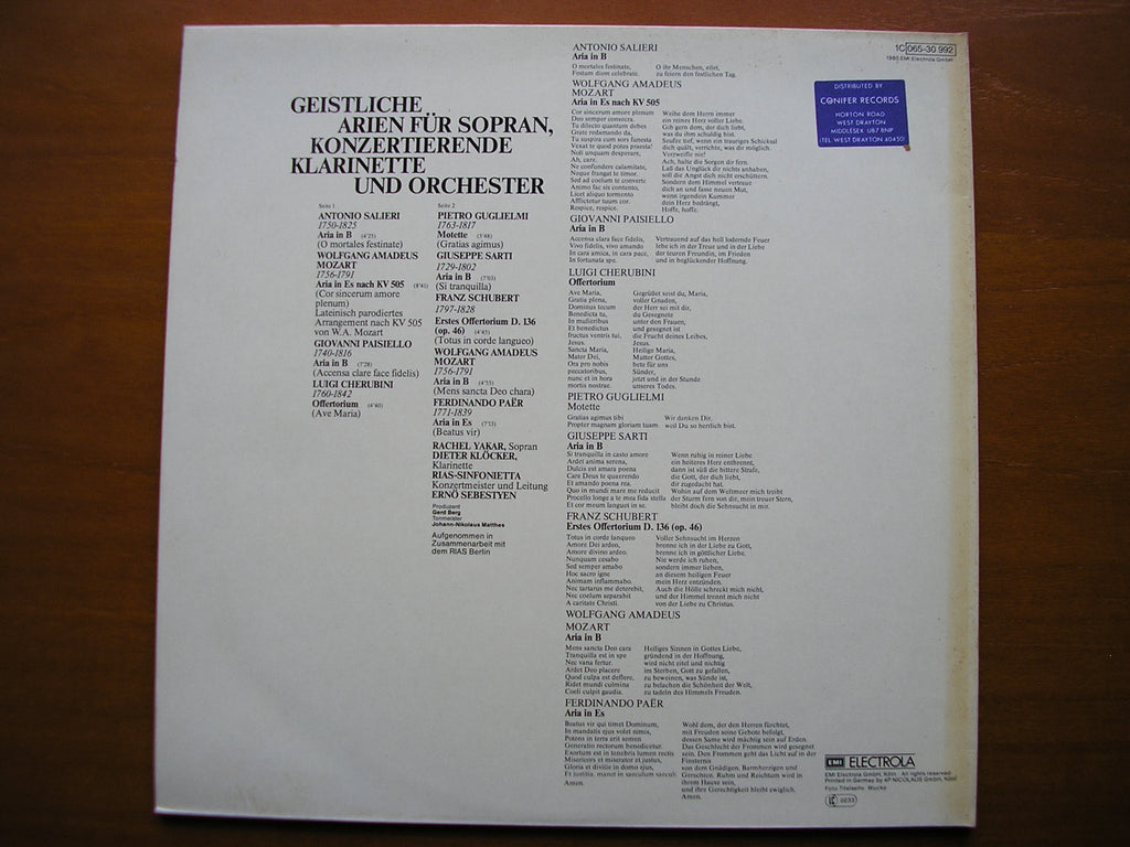 SALIERI / PAER / CHERUBINI / MOZART / SCHUBERT / SARTI / PAISIELLO / GUGLIELMI: SACRED ARIAS      YAKAR / KLOCKER / RIAS          SINFONIETTA / SEBESTYEN      065 30 992