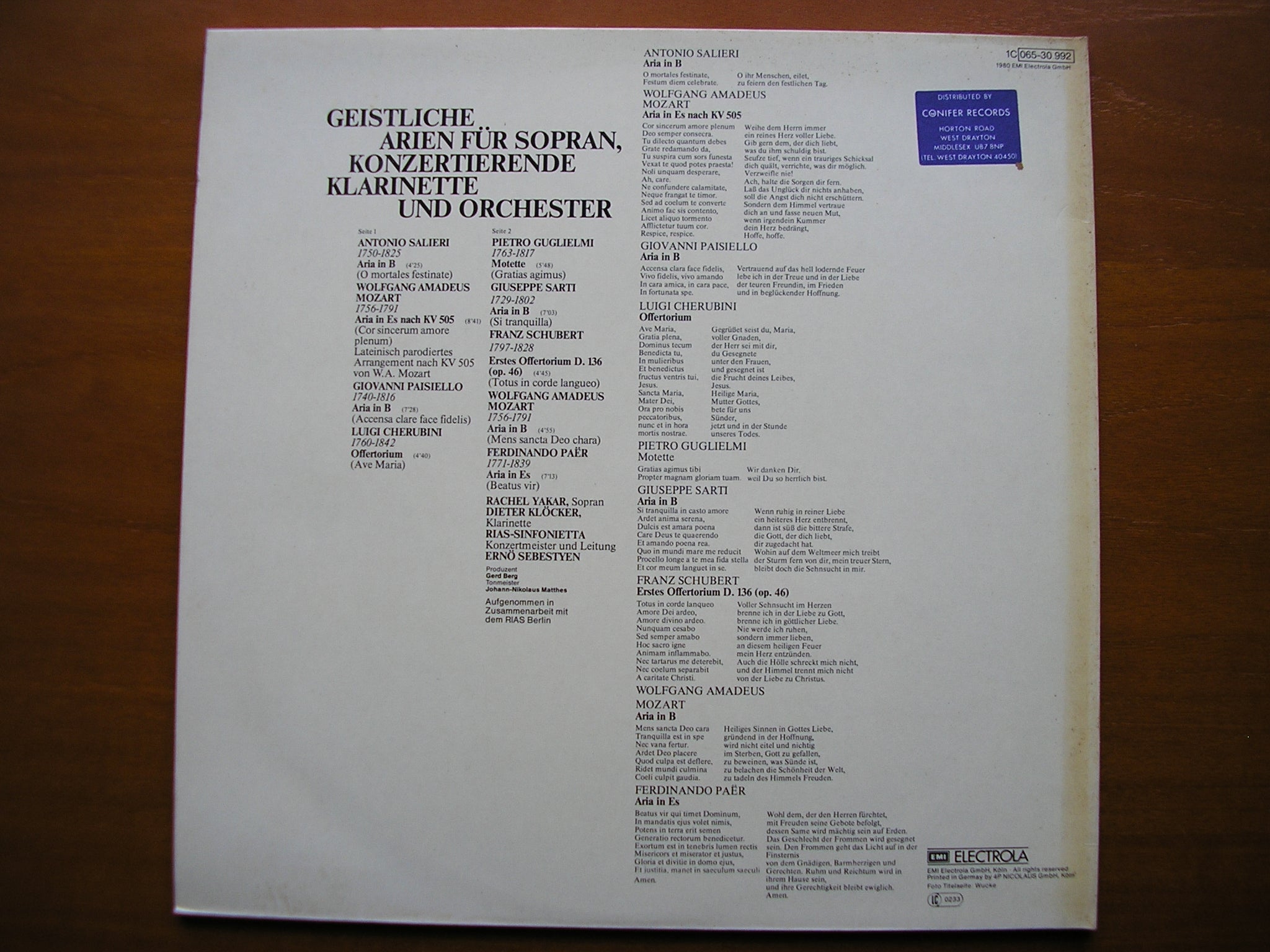 SALIERI / PAER / CHERUBINI / MOZART / SCHUBERT / SARTI / PAISIELLO / GUGLIELMI: SACRED ARIAS      YAKAR / KLOCKER / RIAS          SINFONIETTA / SEBESTYEN      065 30 992