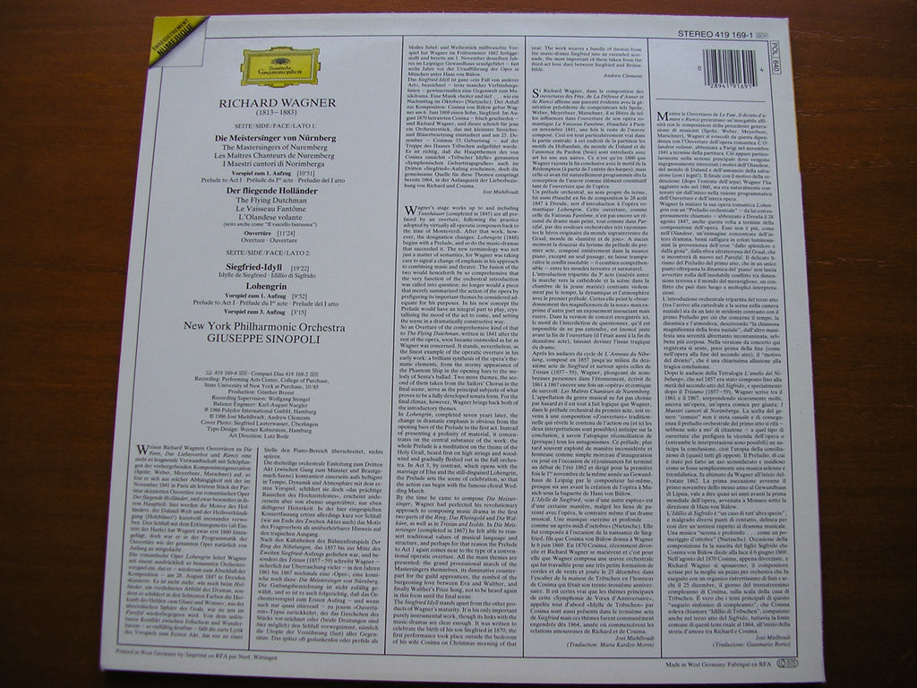 WAGNER: LOHENGRIN / THE MASTERSINGERS / THE FLYING DUTCHMAN        NEW YORK PHILHARMONIC / SINOPOLI     419 169