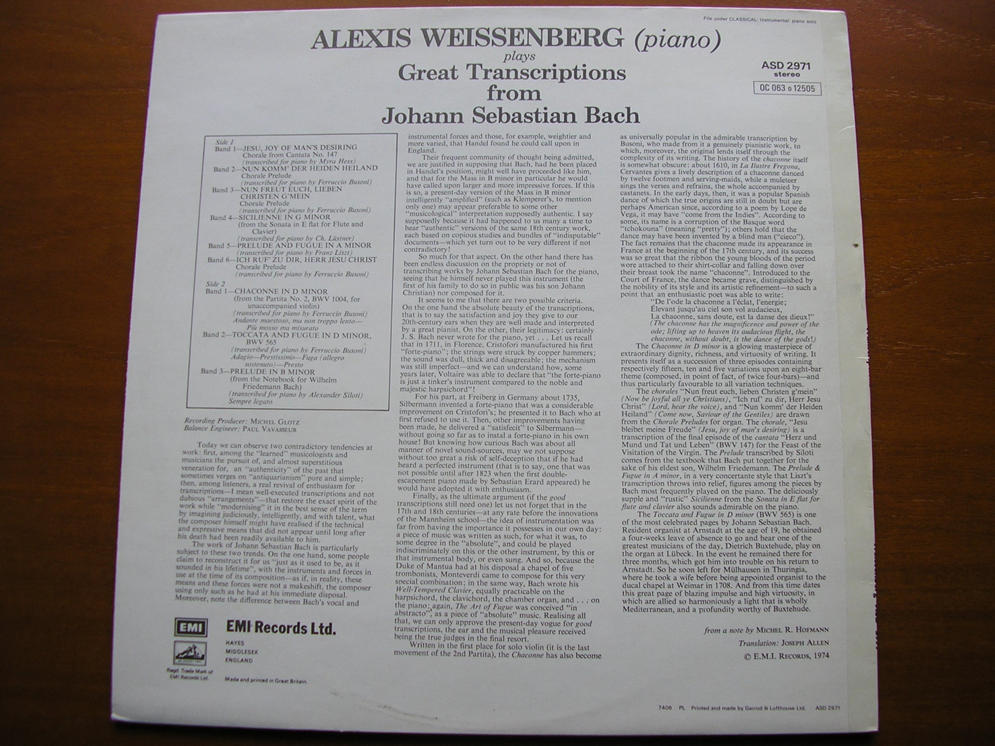 BACH TRANSCRIPTIONS: BUSONI / LISZT / SILOTI / HESS     ALEXIS WEISSENBERG    ASD 2971