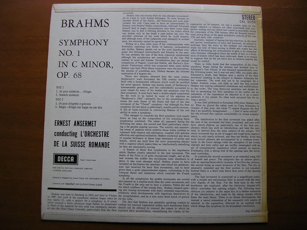 SXL 6059  BRAHMS: SYMPHONY No.1     ANSERMET / SUISSE ROMANDE      ED1