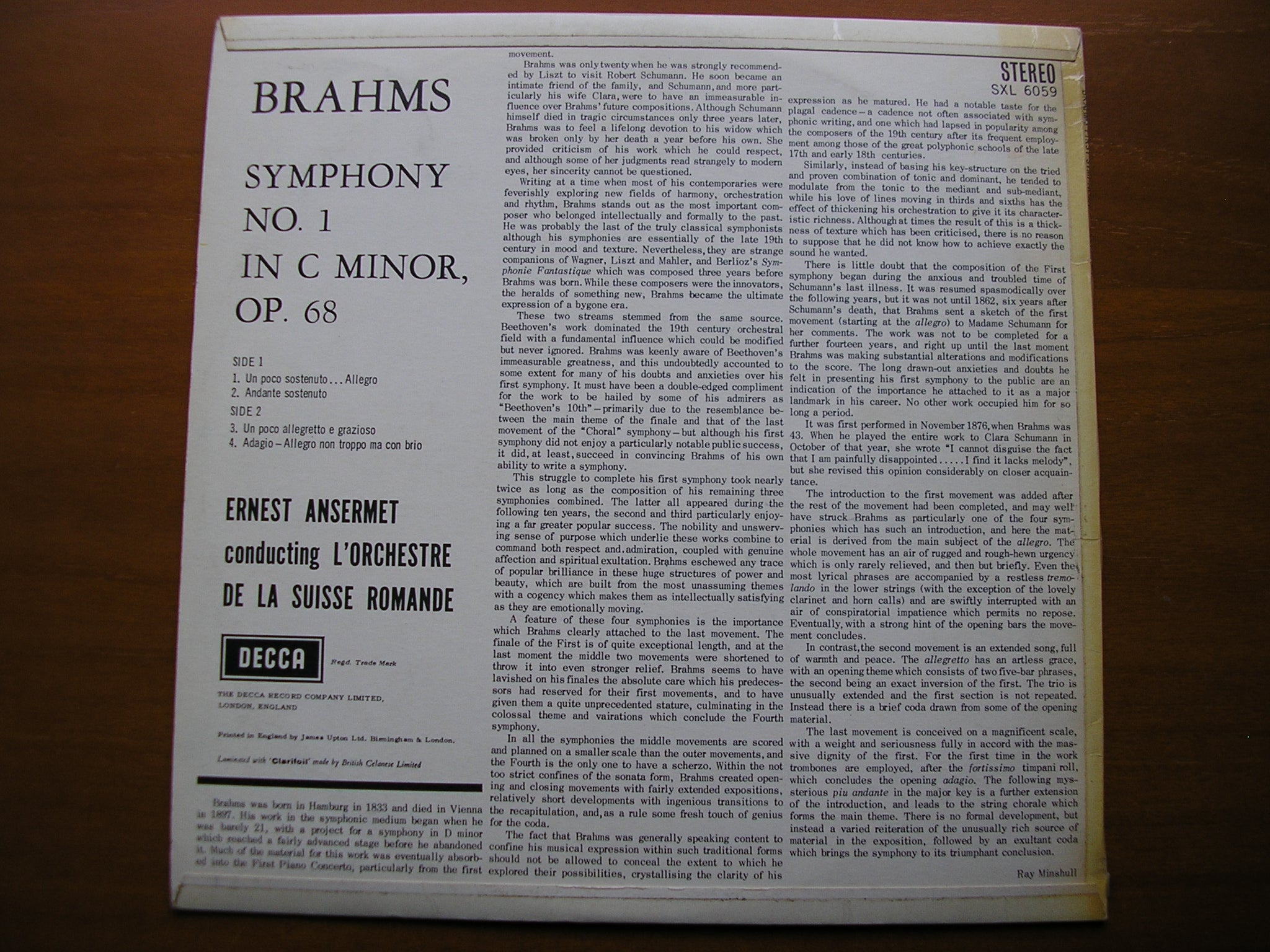 SXL 6059  BRAHMS: SYMPHONY No.1     ANSERMET / SUISSE ROMANDE      ED1