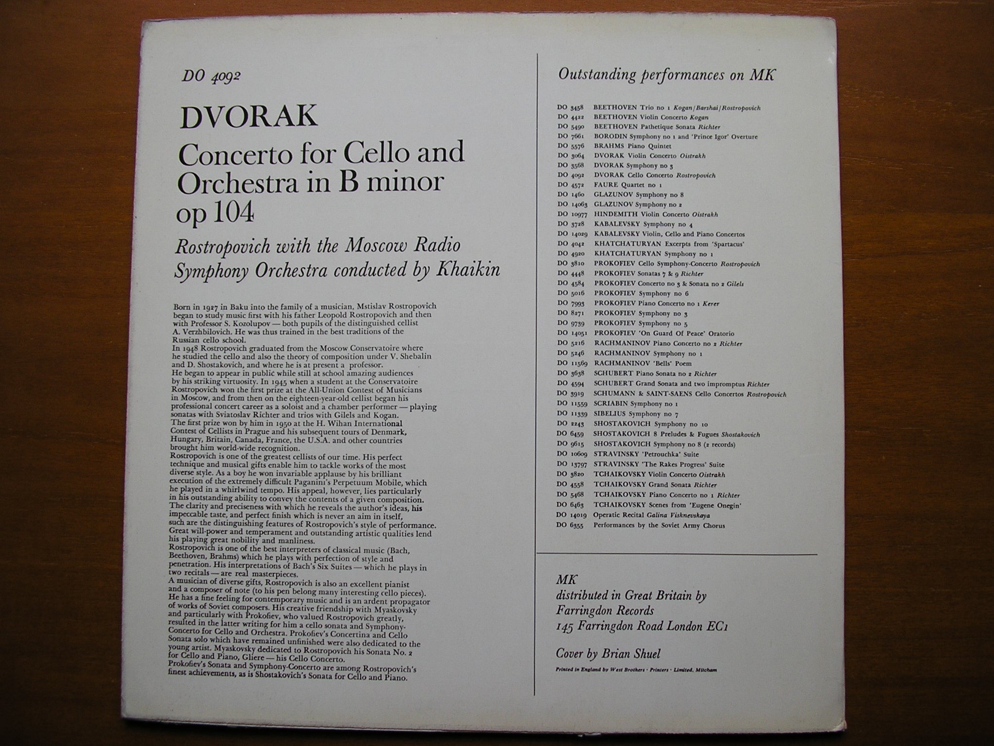 DVORAK: CELLO CONCERTO     ROSTROPOVICH / MOSCOW RADIO SYMPHONY / KHAIKIN    DO  4092