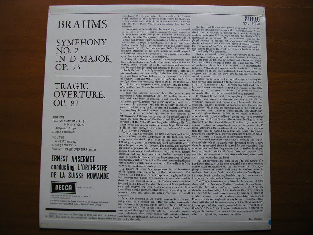 SXL 6060  BRAHMS: SYMPHONY No. 2 / TRAGIC OVERTURE     ANSERMET / SUISSE ROMANDE        ED1