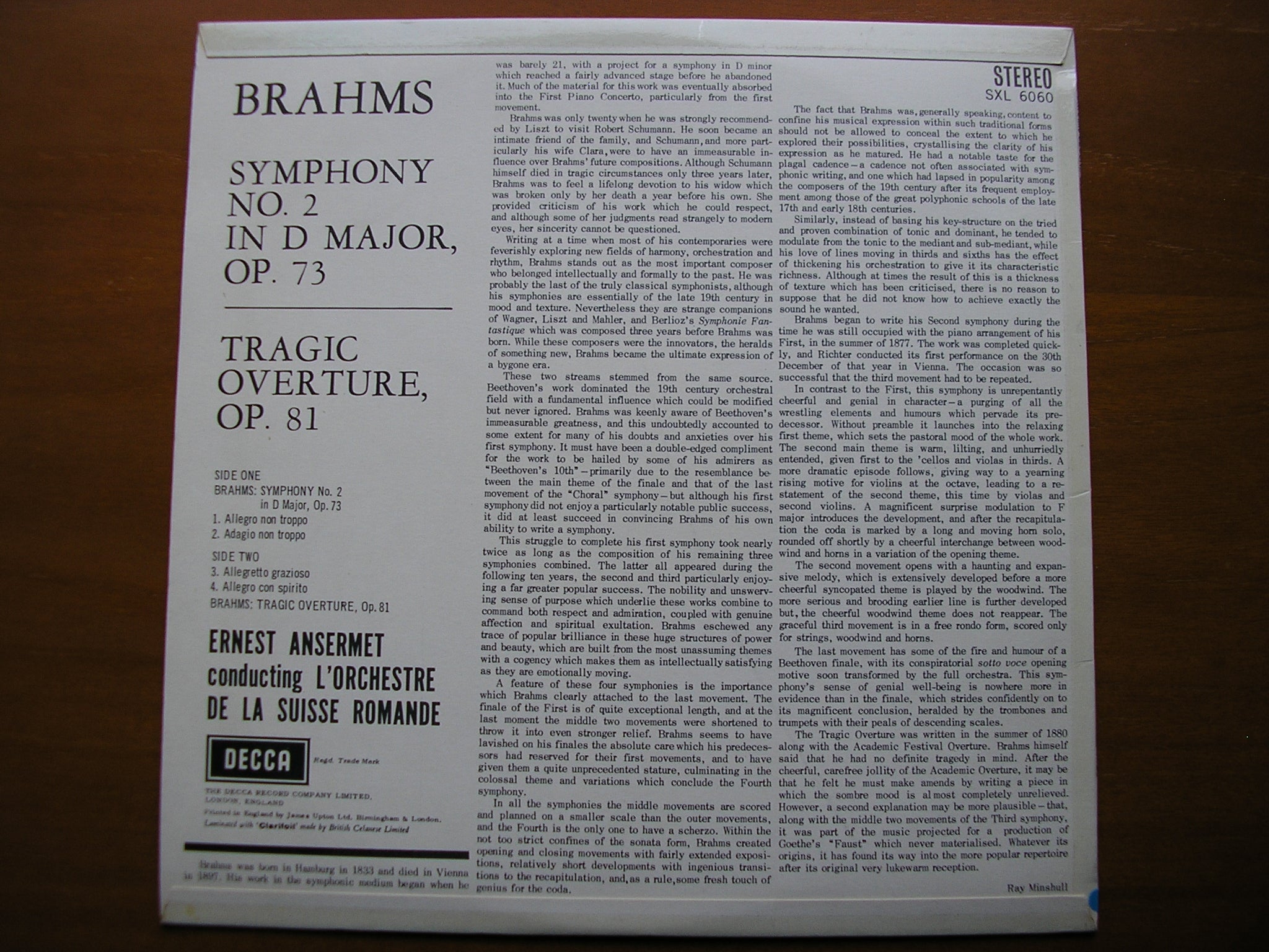 SXL 6060  BRAHMS: SYMPHONY No. 2 / TRAGIC OVERTURE     ANSERMET / SUISSE ROMANDE        ED1
