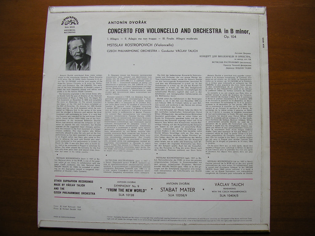 DVORAK: CELLO CONCERTO    ROSTROPOVICH / CZECH PHILHARMONIC / TALICH     SUA 10125