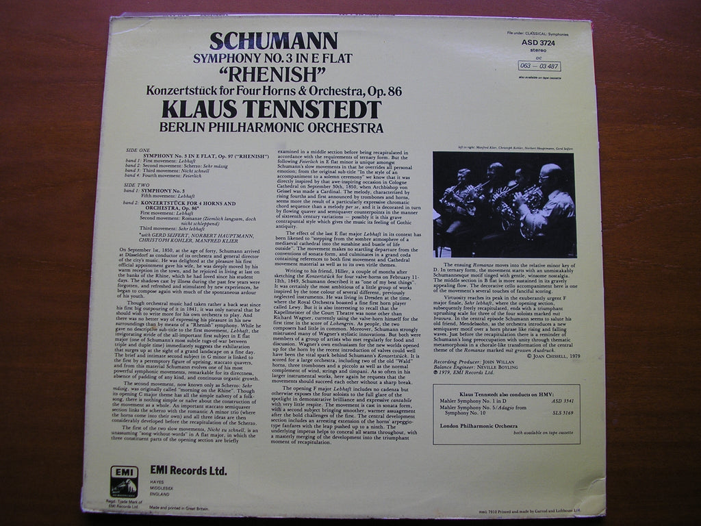SCHUMANN: SYMPHONY No. 3 / KONZERTSTUCK FOR 4 HORNS & ORCHESTRA Op. 86       TENNSTEDT / BERLIN PHILHARMONIC       ASD 3724