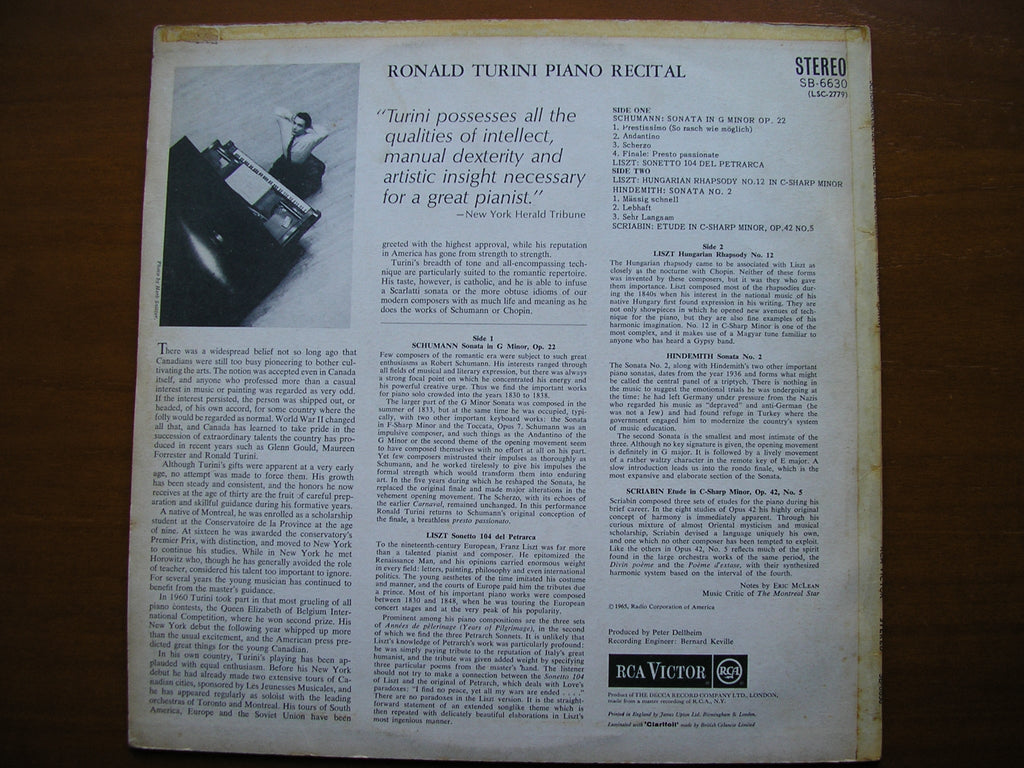 RONALD TURINI PLAYS LISZT / SCHUMANN / HINDEMITH / SCRIABIN       TURINI     SB 66630