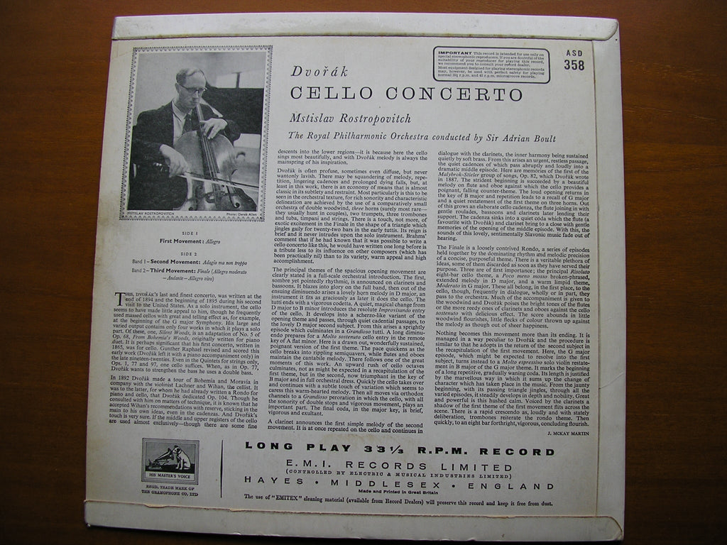 DVORAK: CELLO CONCERTO     ROSTROPOVICH / ROYAL PHILHARMONIC / BOULT     ASD 358