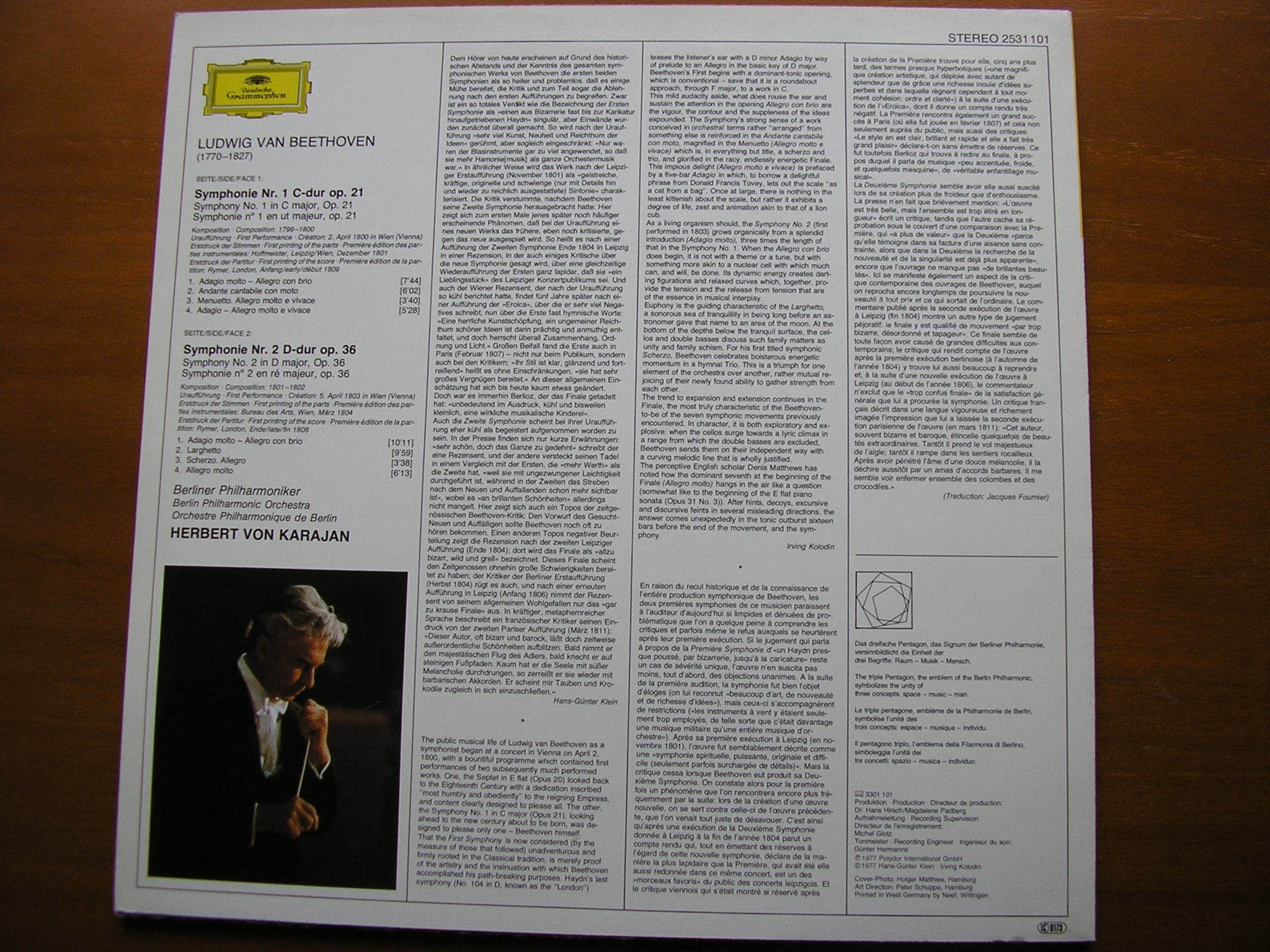 BEETHOVEN: SYMPHONIES Nos. 1 & 2     KARAJAN / BERLIN PHILHARMONIC    2531 101
