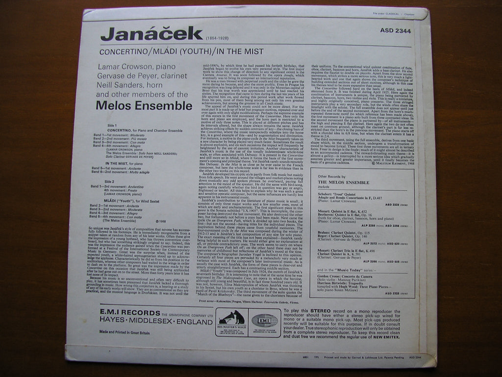 JANACEK: CHAMBER MUSIC     THE MELOS ENSEMBLE     ASD 2344