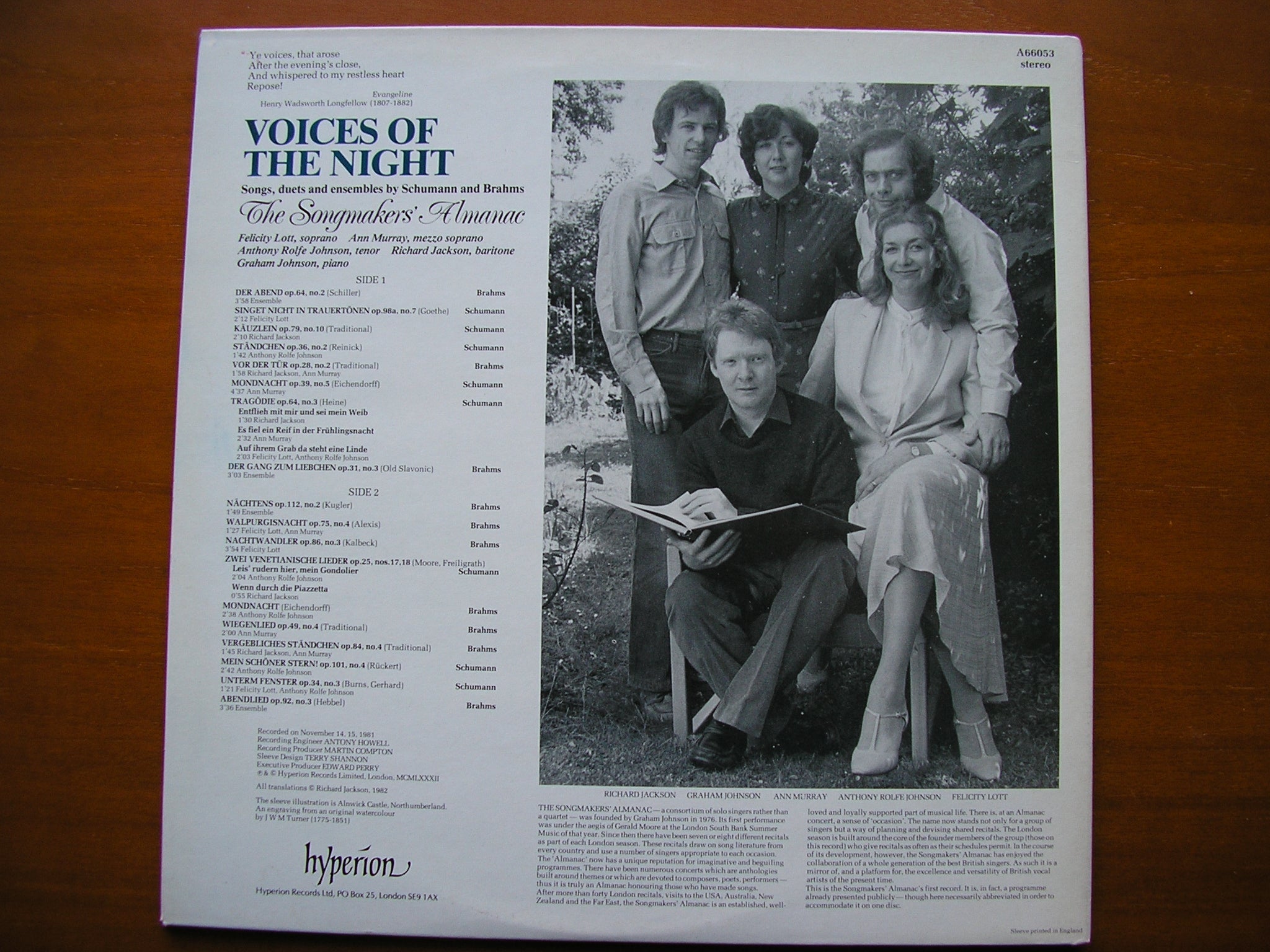 VOICES OF THE NIGHT: SONGS / DUETS / ENSEMBLES by SCHUMANN & BRAHMS     THE SONGMAKERS' ALMANAC    A66053
