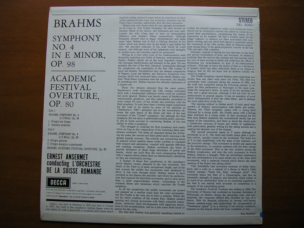 SXL 6062  BRAHMS: SYMPHONY No. 4 / ACADEMIC FESTIVAL OVERTURE     ANSERMET / SUISSE ROMANDE      ED1