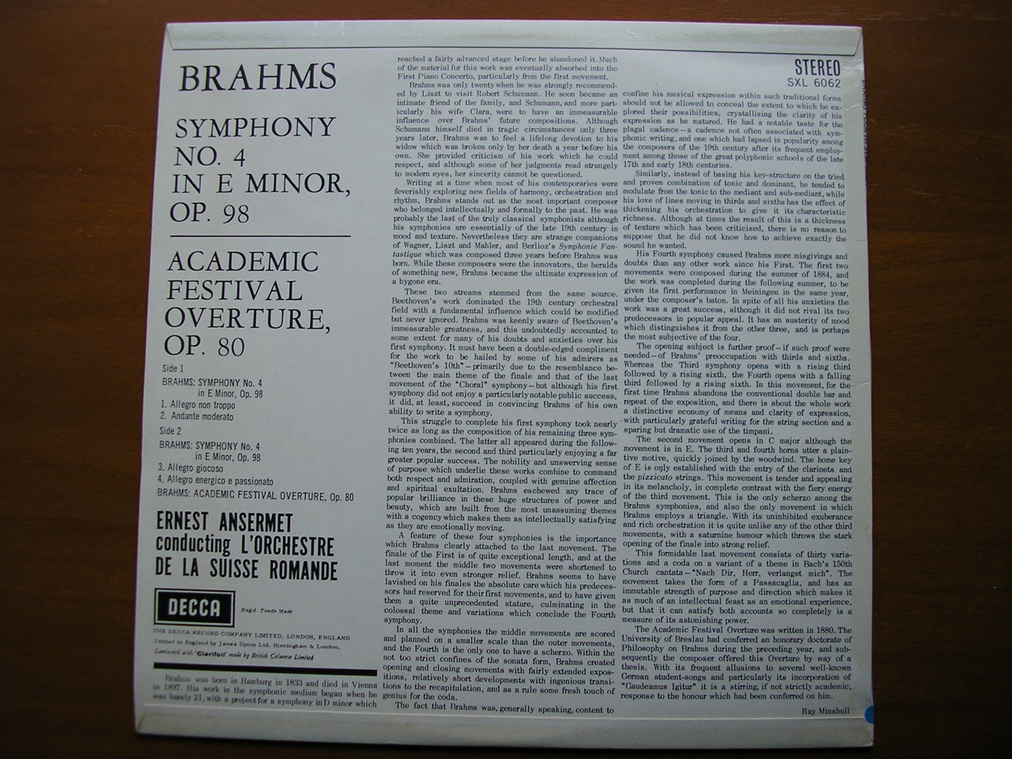 SXL 6062  BRAHMS: SYMPHONY No. 4 / ACADEMIC FESTIVAL OVERTURE     ANSERMET / SUISSE ROMANDE      ED1