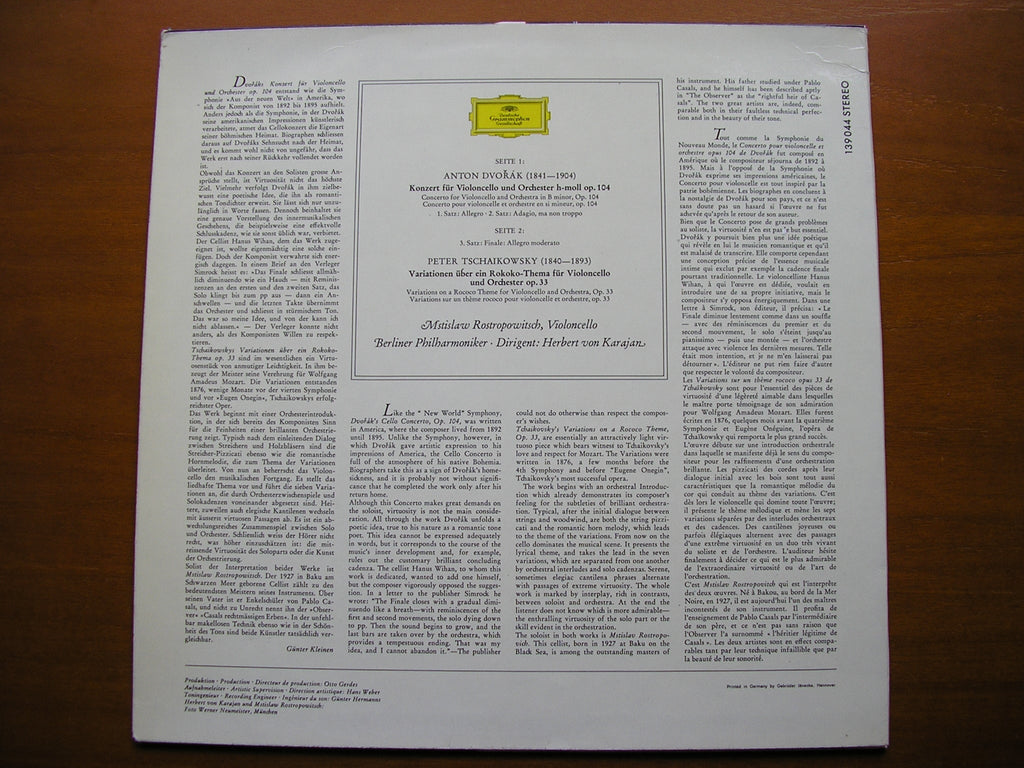 DVORAK: CELLO CONCERTO / TCHAIKOVSKY: ROCOCO VARIATIONS    ROSTROPOVICH / BPO / KARAJAN    139 044