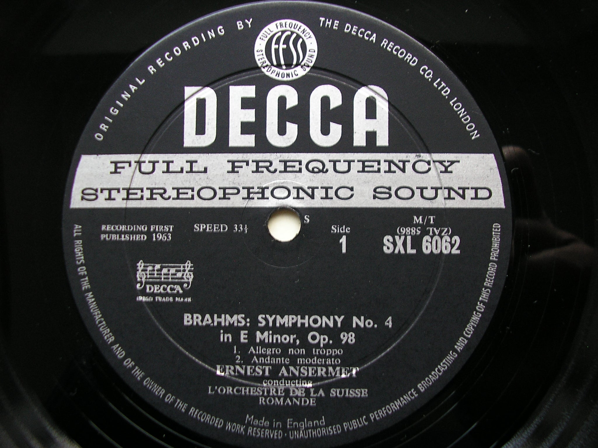 SXL 6062  BRAHMS: SYMPHONY No. 4 / ACADEMIC FESTIVAL OVERTURE     ANSERMET / SUISSE ROMANDE      ED1