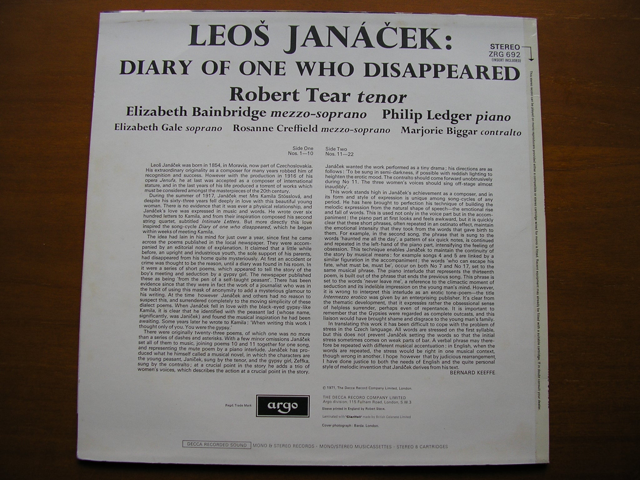 JANACEK: DIARY OF ONE WHO DISAPPEARED     TEAR / BAINBRIDGE / LEDGER     ZRG 692