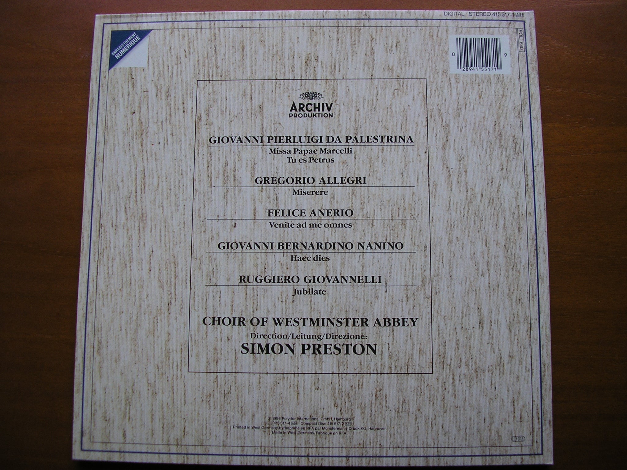 PALESTRINA: MISSA PAPAE MARCELLI / ALLEGRI: MISERERE     WESTMINSTER ABBEY CHOIR / PRESTON     415 517