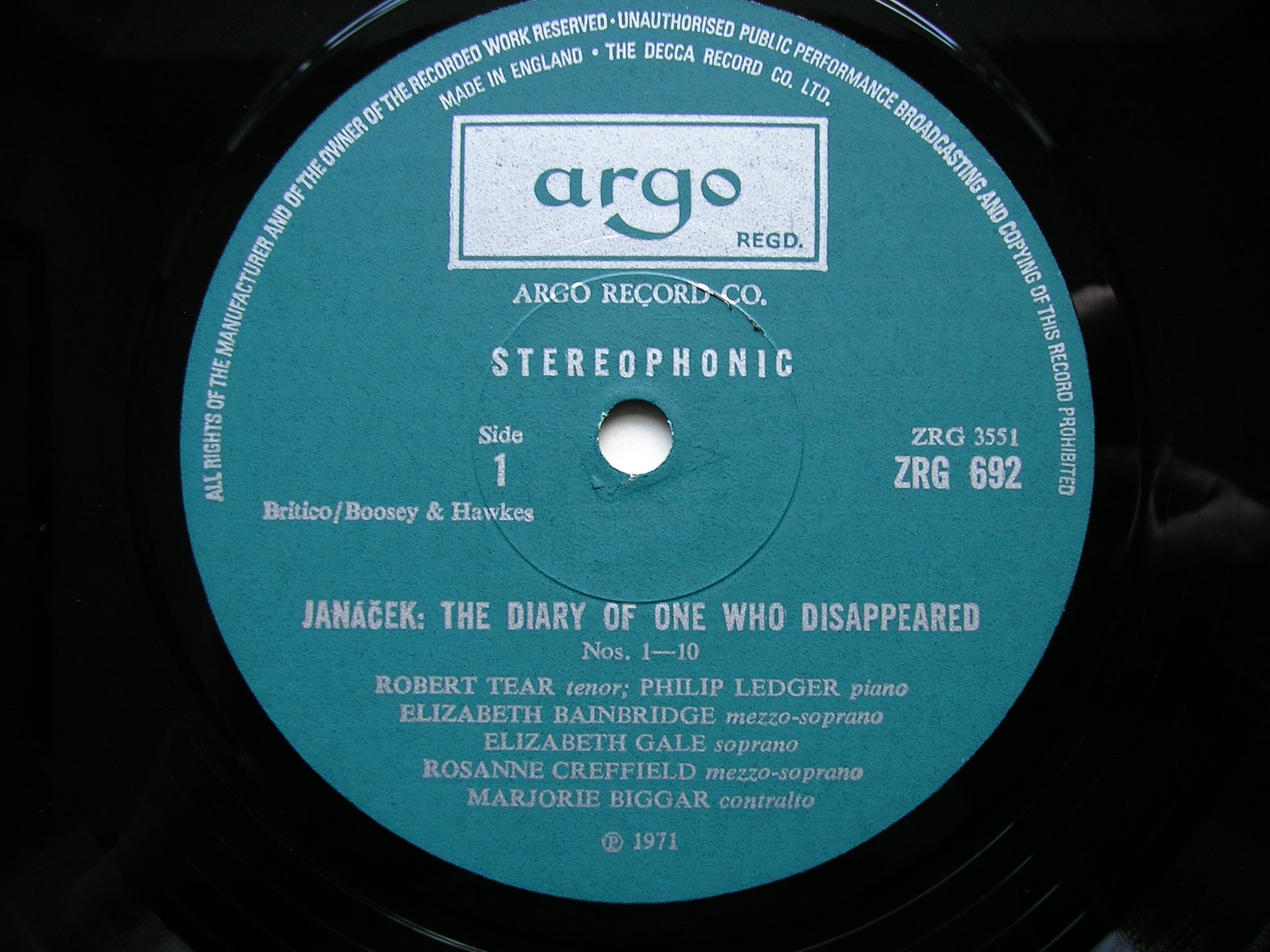JANACEK: DIARY OF ONE WHO DISAPPEARED     TEAR / BAINBRIDGE / LEDGER     ZRG 692