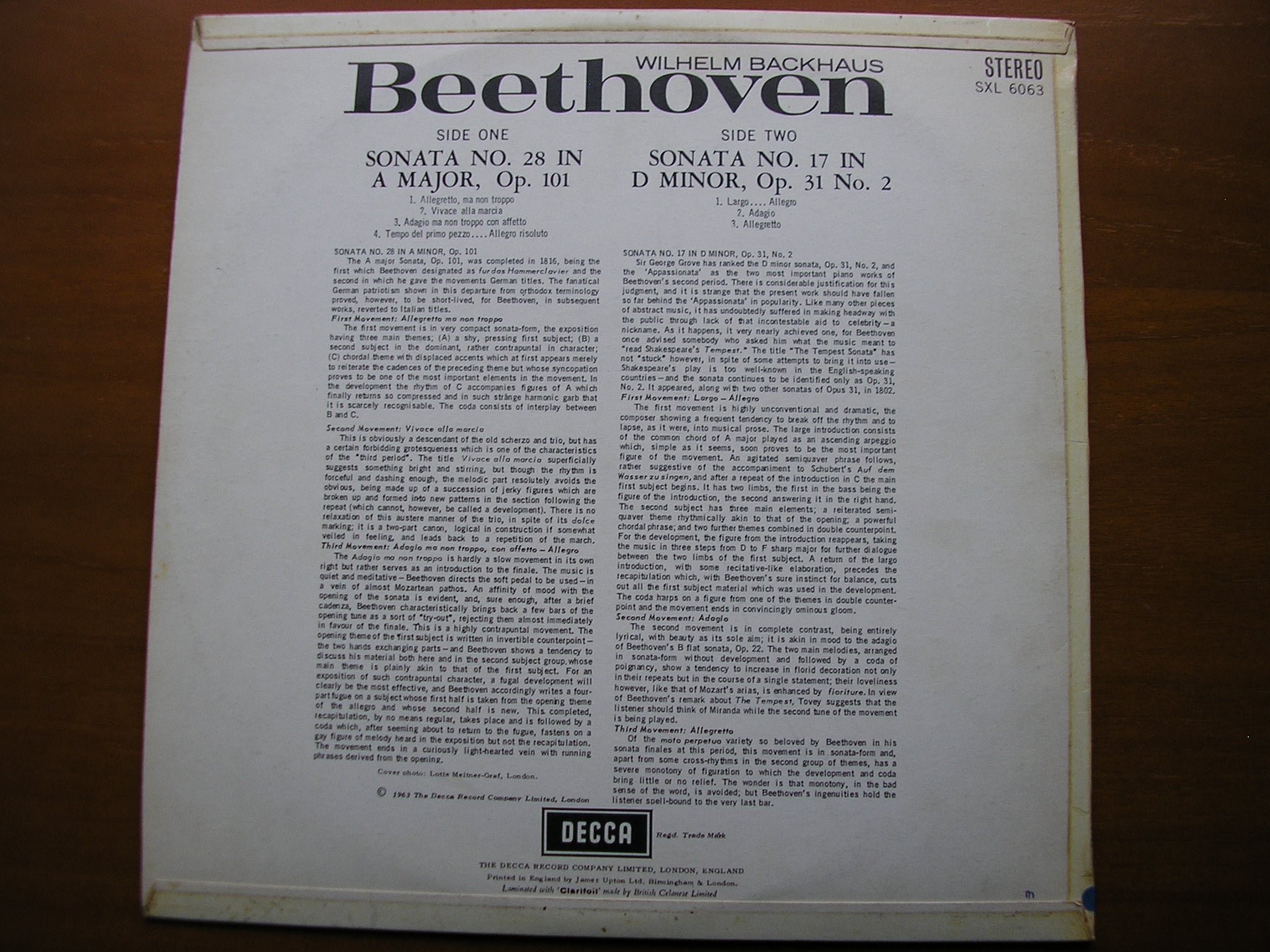 SXL 6063  BEETHOVEN: PIANO SONARAS Nos. 17 & 28       WILELM BACKHAUS      ED1