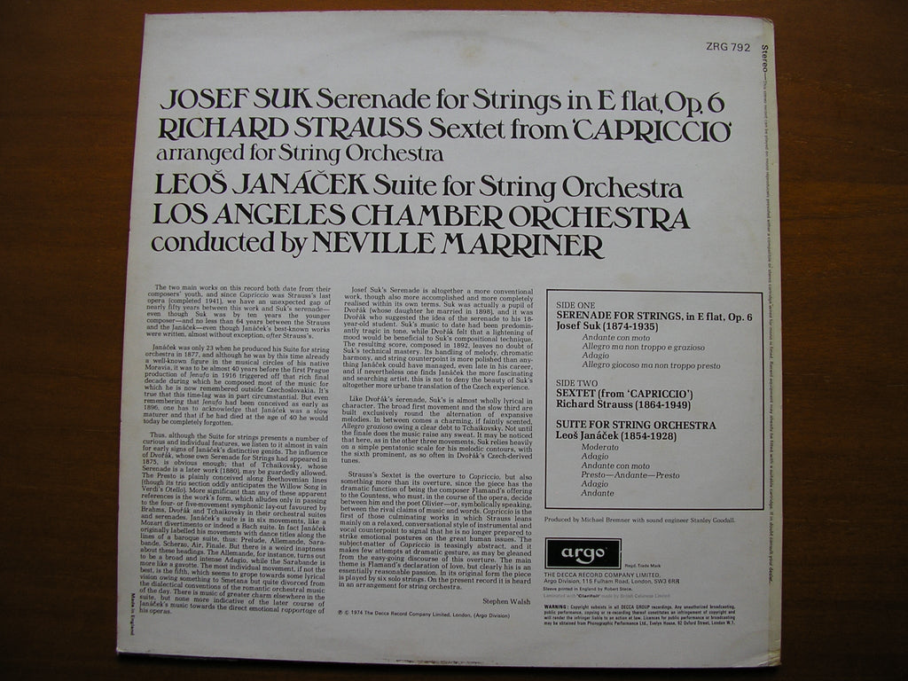 JANACEK / STRAUSS / SUK: MUSIC FOR STRINGS      MARRINER / LOS ANGELES CHAMBER ORCHESTRA   ZRG 792