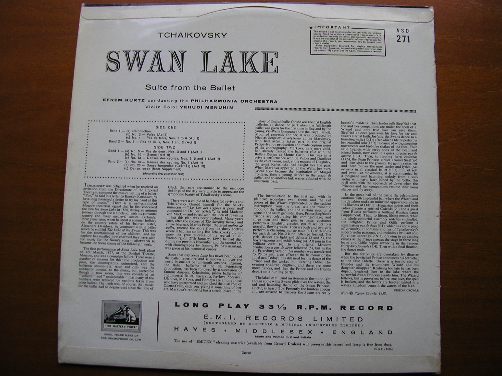 TCHAIKOVSKY: SWAN LAKE Suite    KURTZ / PHILHARMONIA    ASD 271