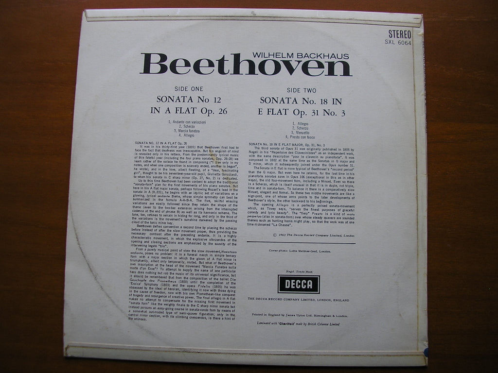 SXL 6064  BEETHOVEN: PIANO SONATAS Nos. 12 & 18       WILHELM BACKHAUS      ED1