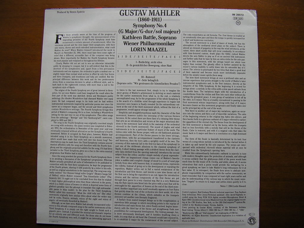 MAHLER: SYMPHONY No. 4     BATTLE / VIENNA PHILHARMONIC / MAAZEL     IM 39072
