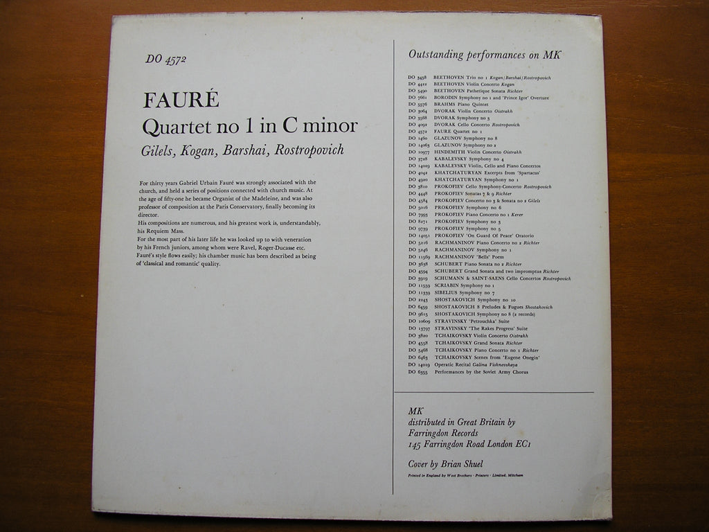 FAURE: QUARTET No. 1      ROSTROPOVICH / KOGAN / GILELS / BARSHAI      DO 4572