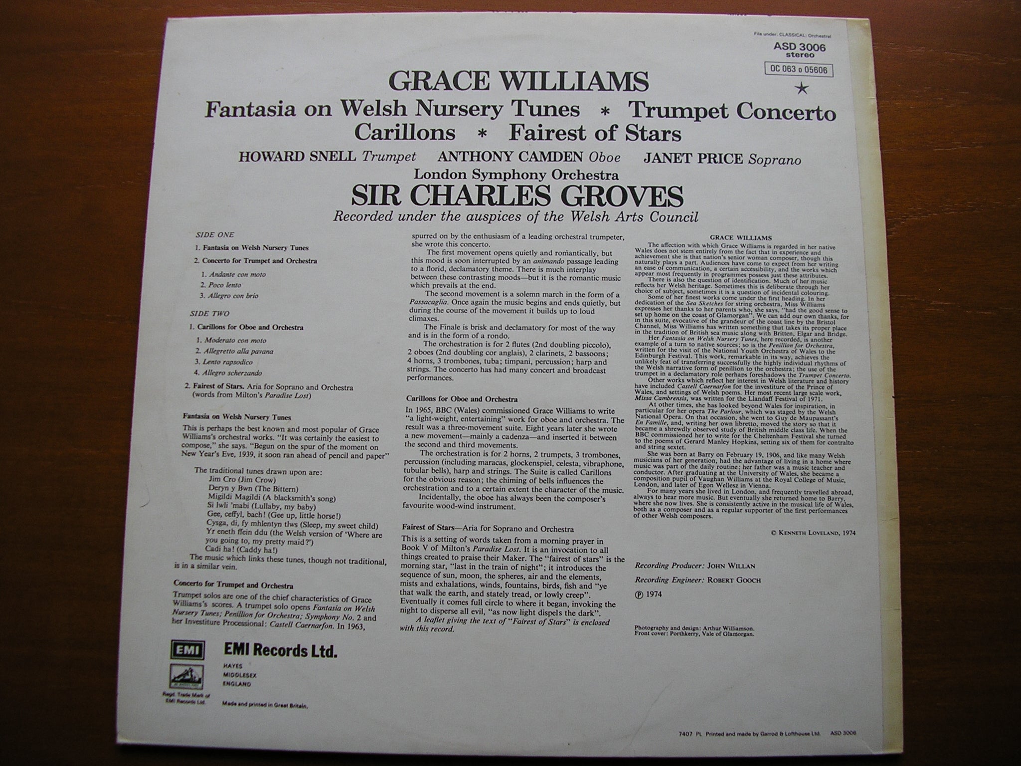 GRACE WILLIAMS: ORCHESTRAL WORKS   SOLOISTS / LONDON SYMPHONY / GROVES    ASD 3006