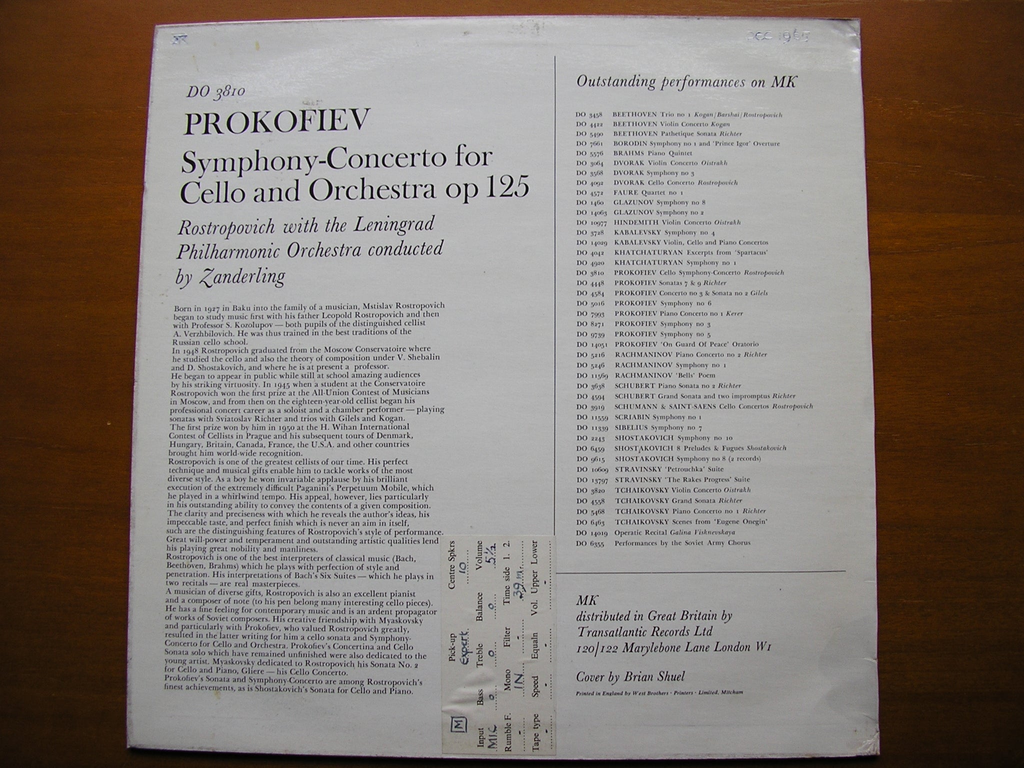 PROKOFIEV: CELLO CONCERTO     ROSTROPOVICH / LENINGRAD PHILHARMONIC / ZANDERLING     DO 3810