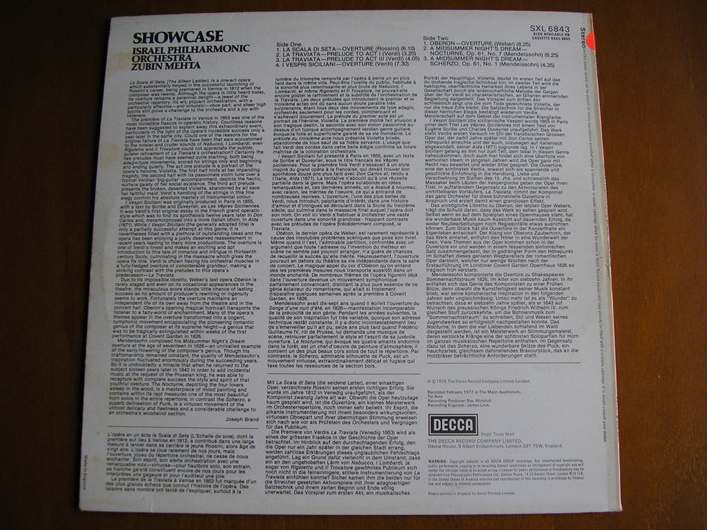 SXL 6843 SHOWCASE: 19th CENTURY ORCHESTRAL MUSIC MEHTA / ISRAEL PHILHARMONIC test pressing