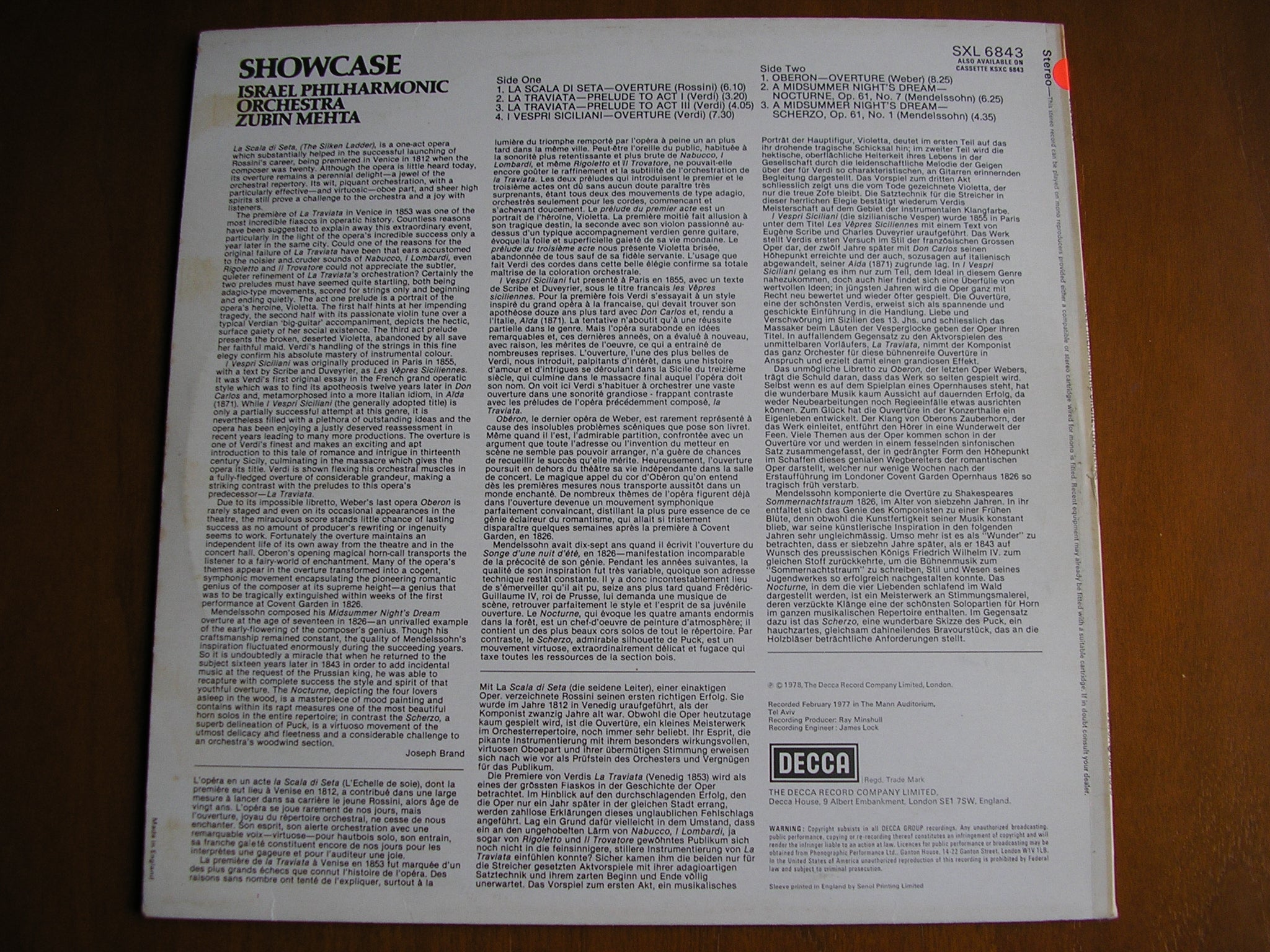 SXL 6843 SHOWCASE: 19th CENTURY ORCHESTRAL MUSIC MEHTA / ISRAEL PHILHARMONIC test pressing