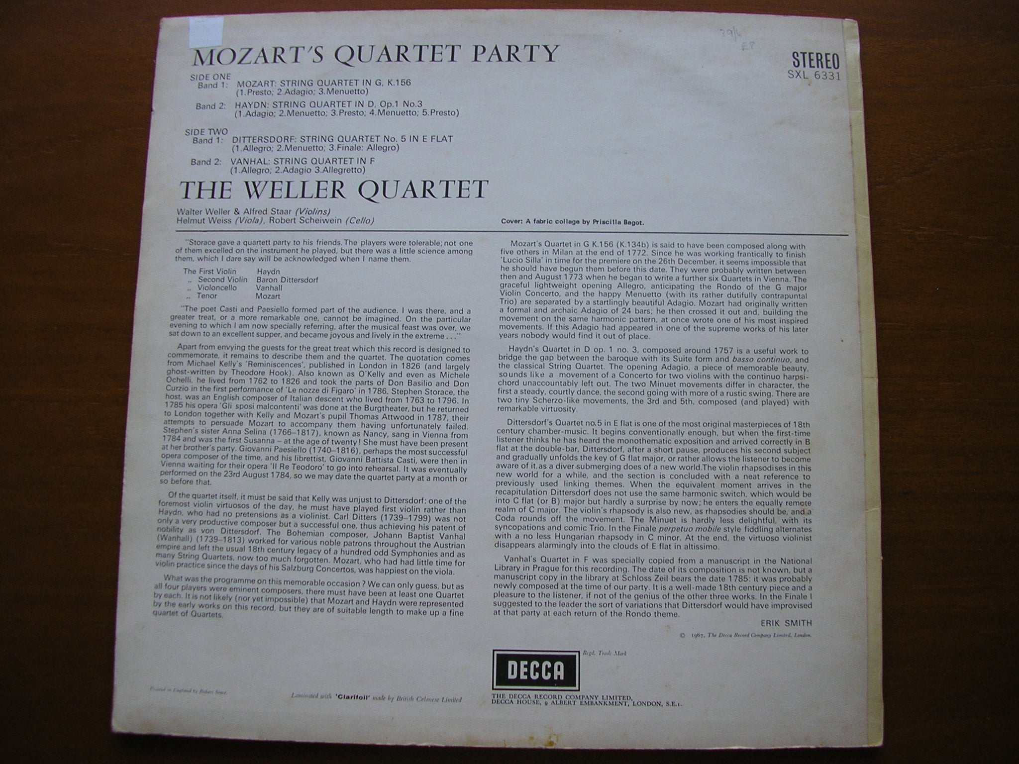 SXL 6331 MOZART'S QUARTET PARTY: DITTERSDORF / HAYDN / VANHAL / MOZART THE WELLER QUARTET